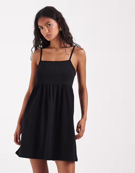PIECES babydoll cami mini dress in black