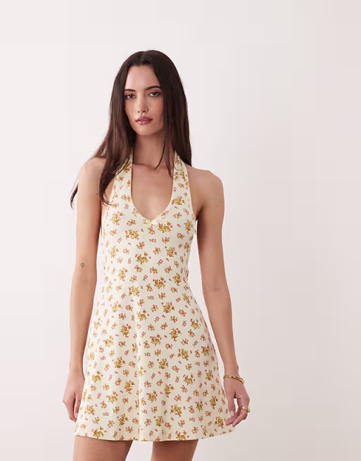 Miss Selfridge halterneck mini dress with picot edges in floral print