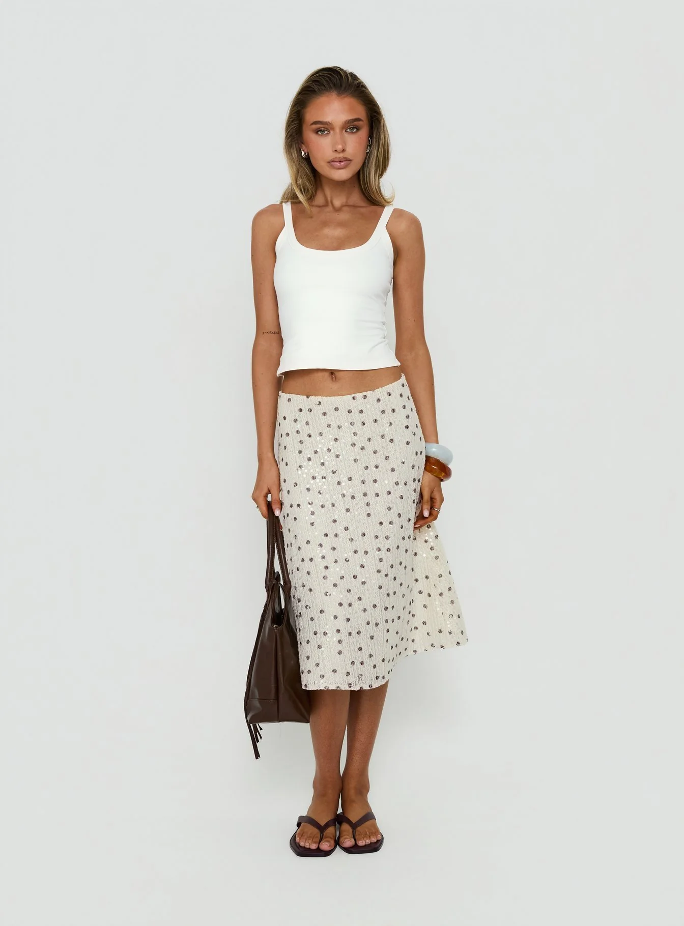 Olila Sequin Midi Skirt White Polka Dot