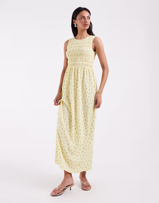 PIECES sleeveless smocking ditsy floral maxi dress in pastel yellow