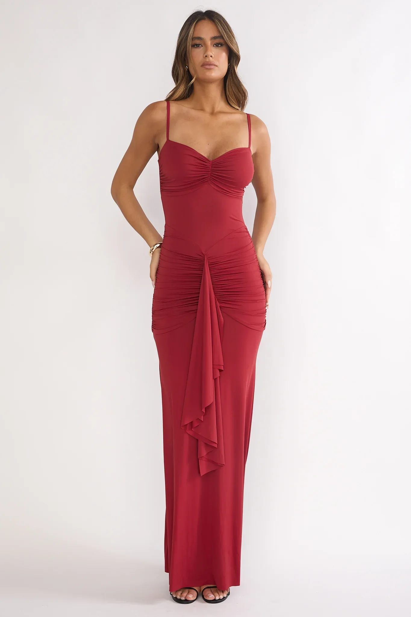 Lunara Ruched Cascade Sash Dress Wine
