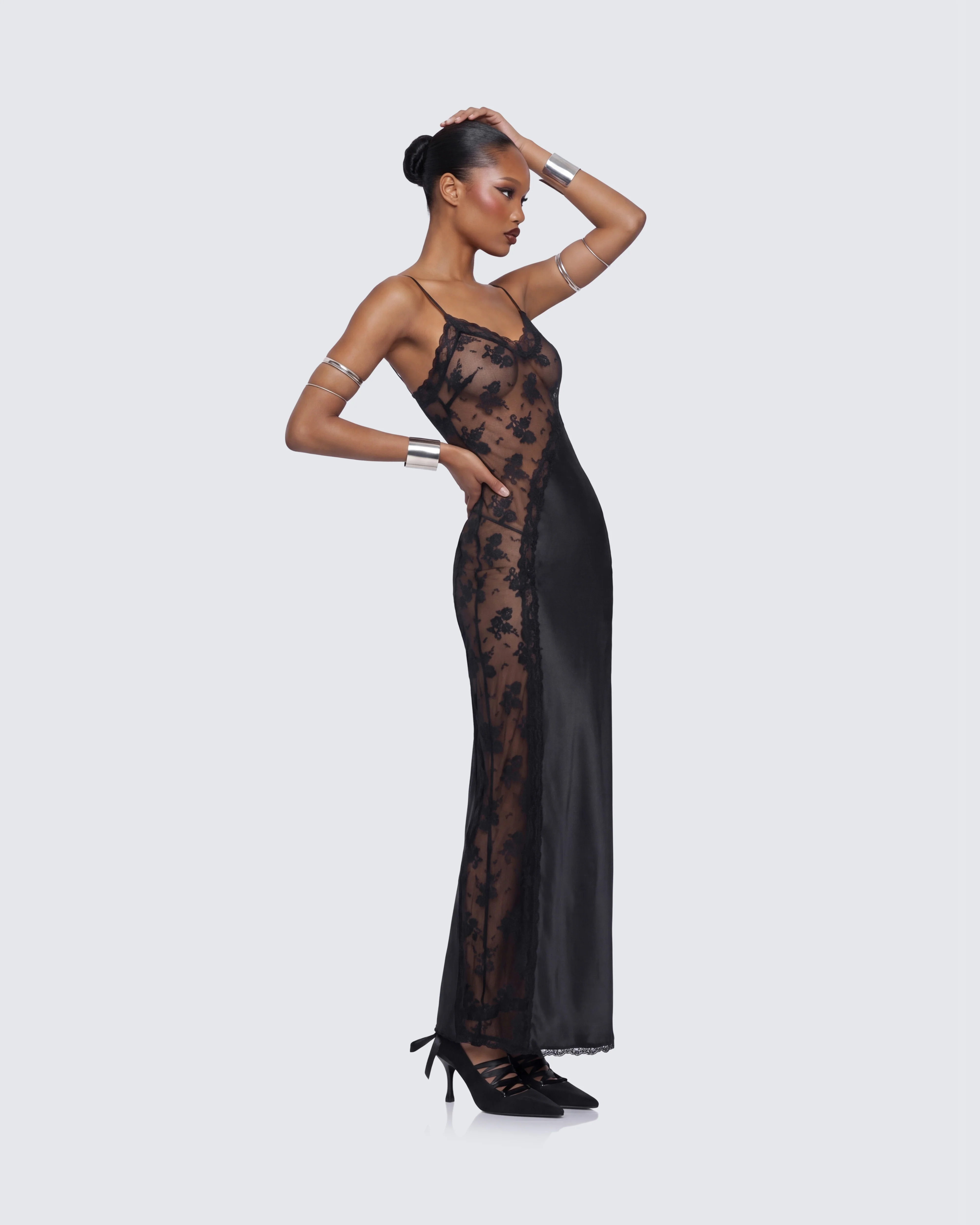 June Black Lace Satin Mix Maxi Dress