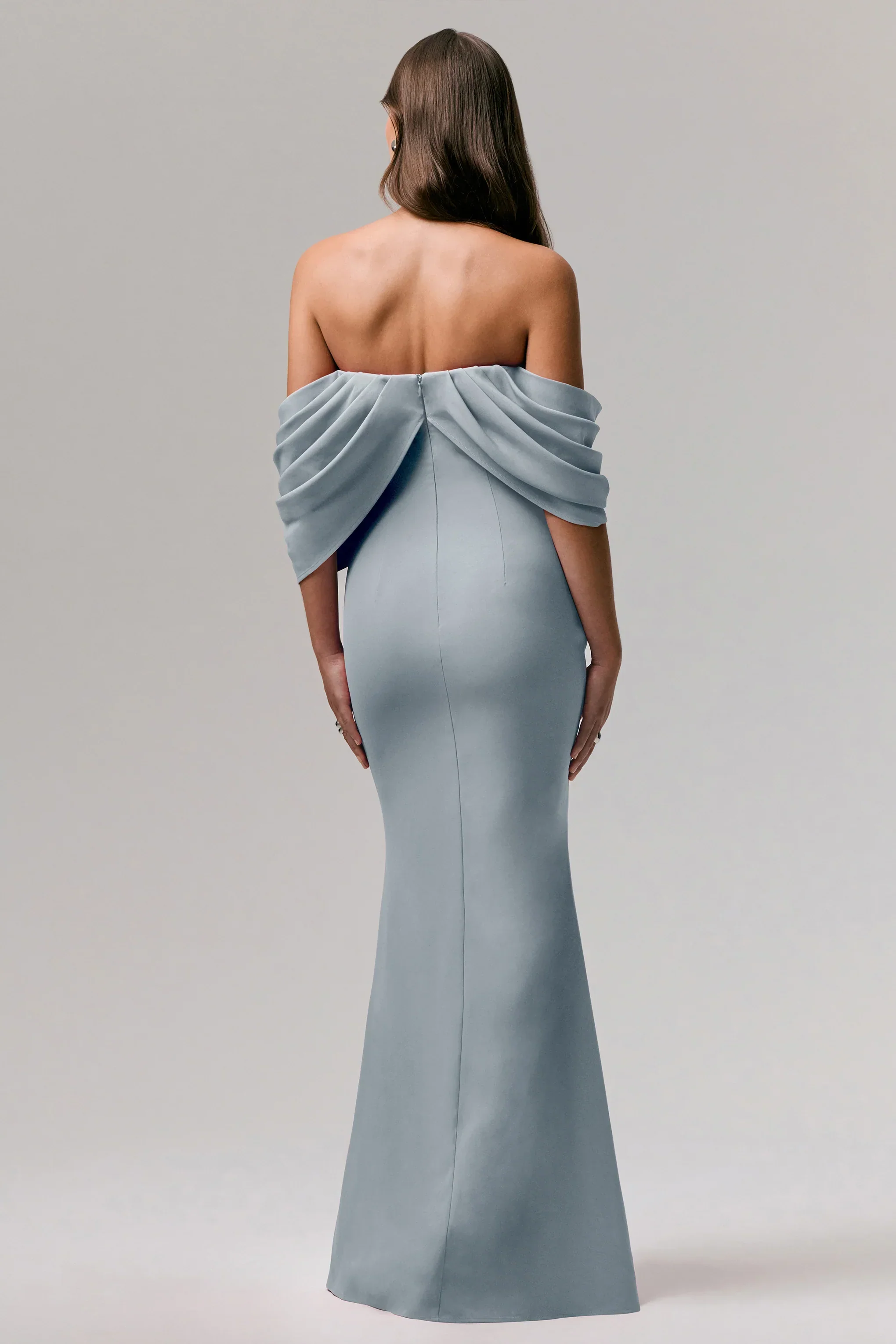 Serene | Powder Blue Draped Bardot Maxi Dress