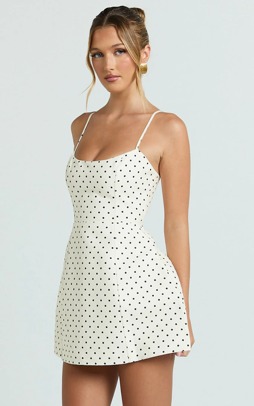 Carolina Mini Dress - Scoop Neck Panel Bodice Dress in White Polka Dot - luluinthesky