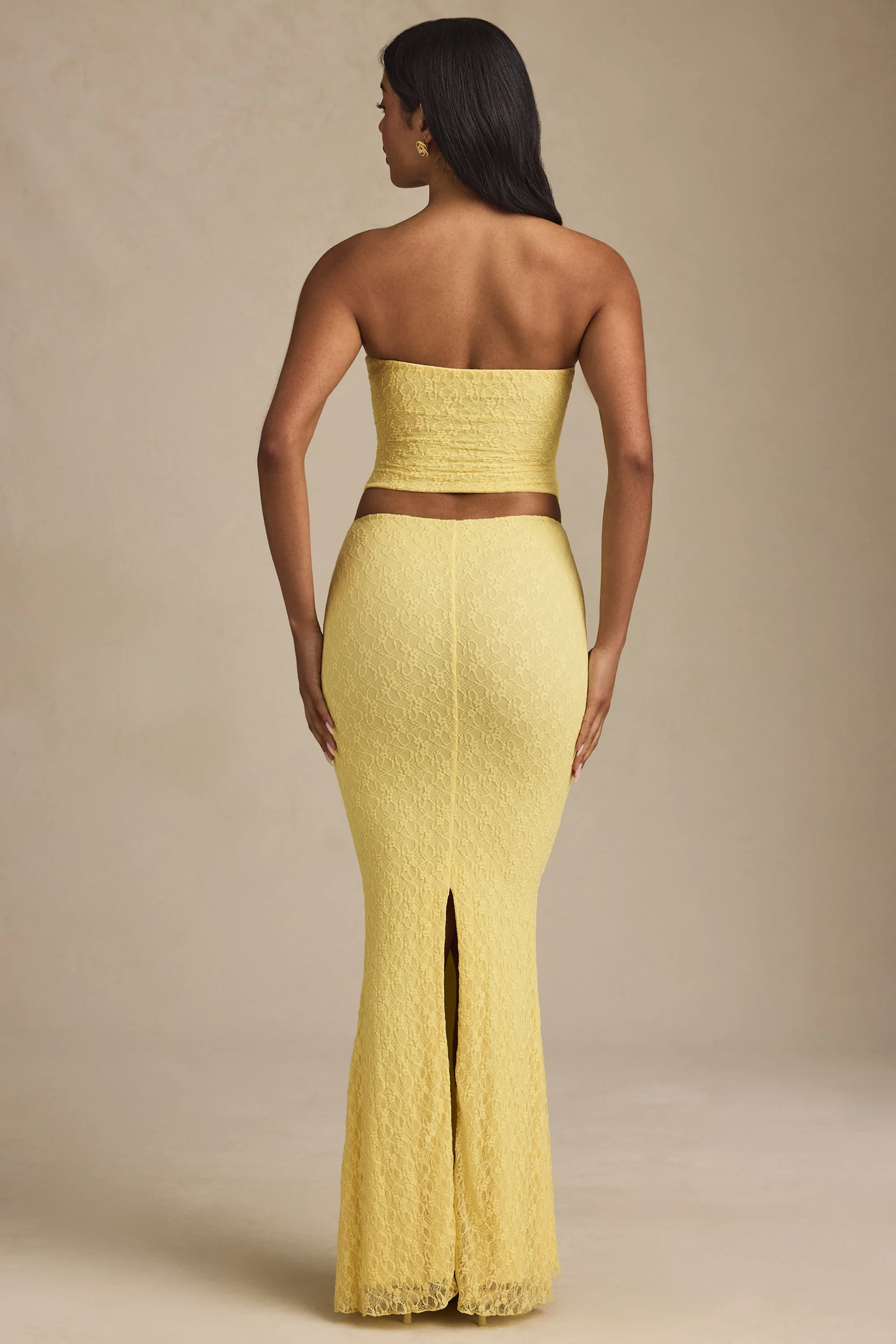 Draped Low-Rise Lace Maxi Skirt in Pastel Yellow