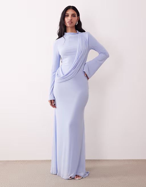 mesh draped high neck long sleeve maxi dress in blue