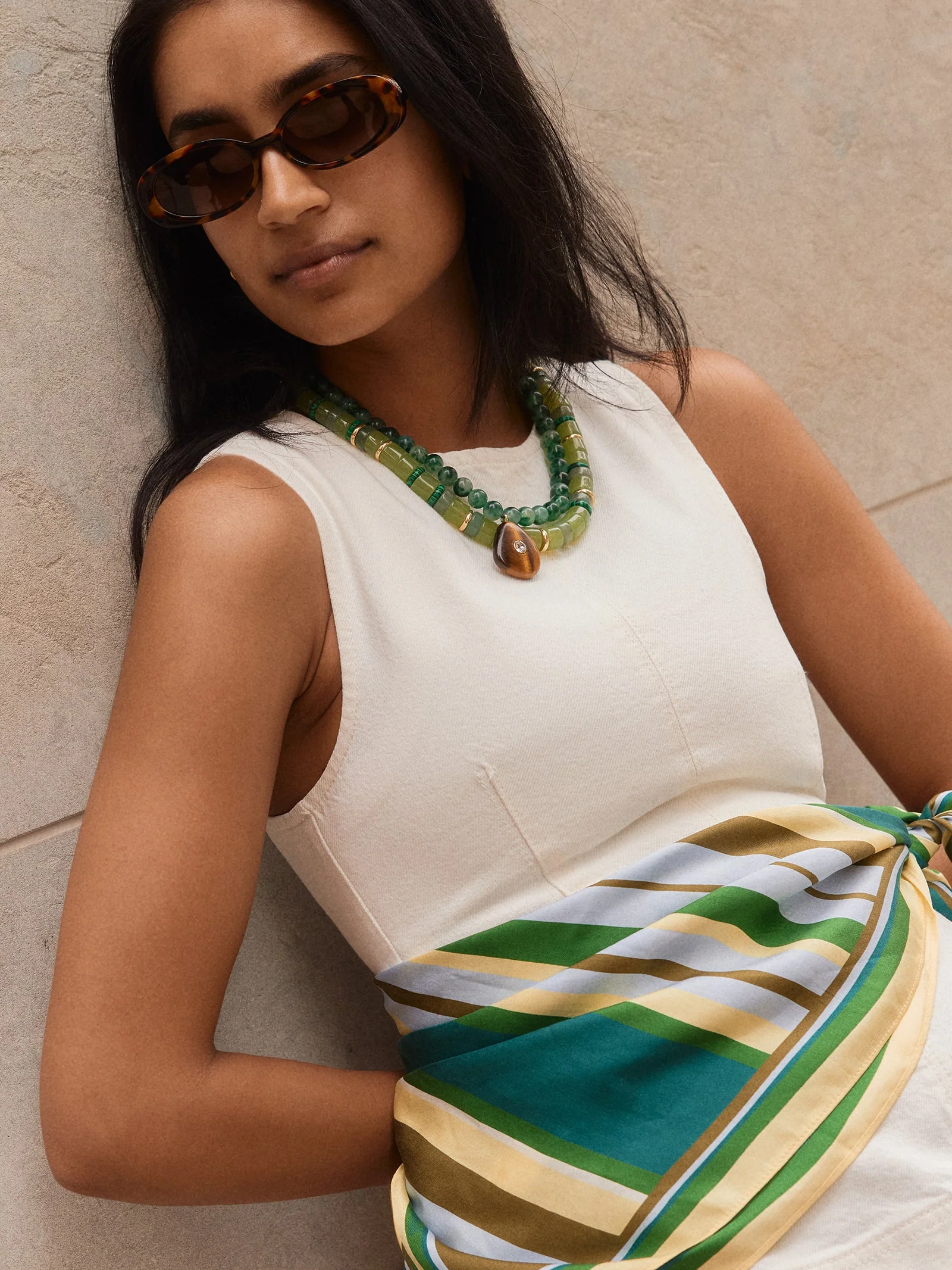 Jamie Semi-Precious Beaded Necklace - Green Jade/Tiger's Eye