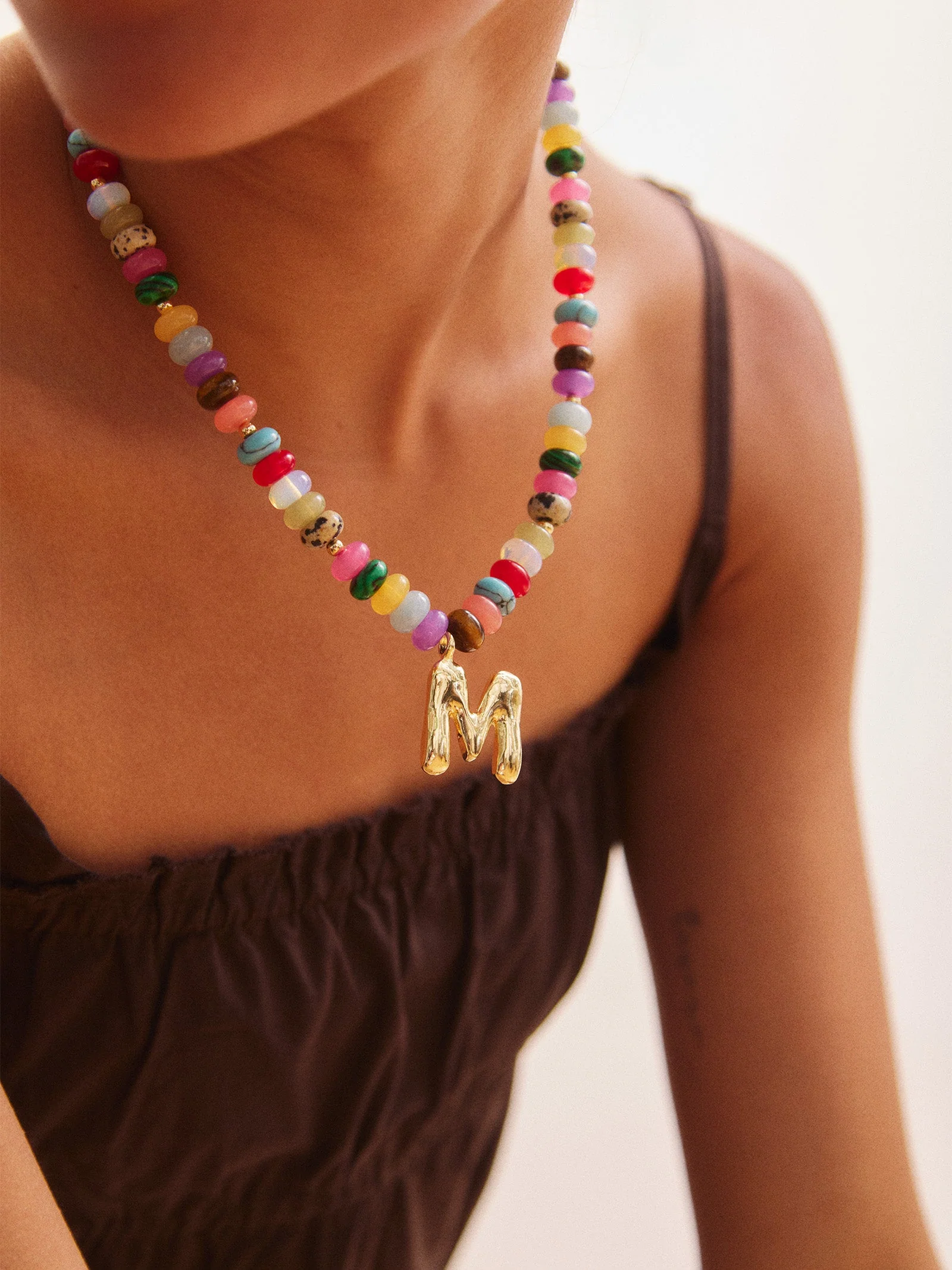 Semi-Precious Bubble Initial Necklace - Multi