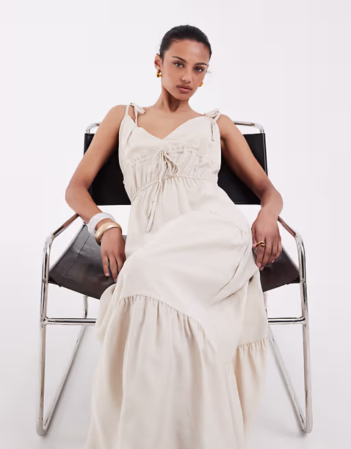 Vero Moda tie shoulder cami tiered midi dress in oatmeal
