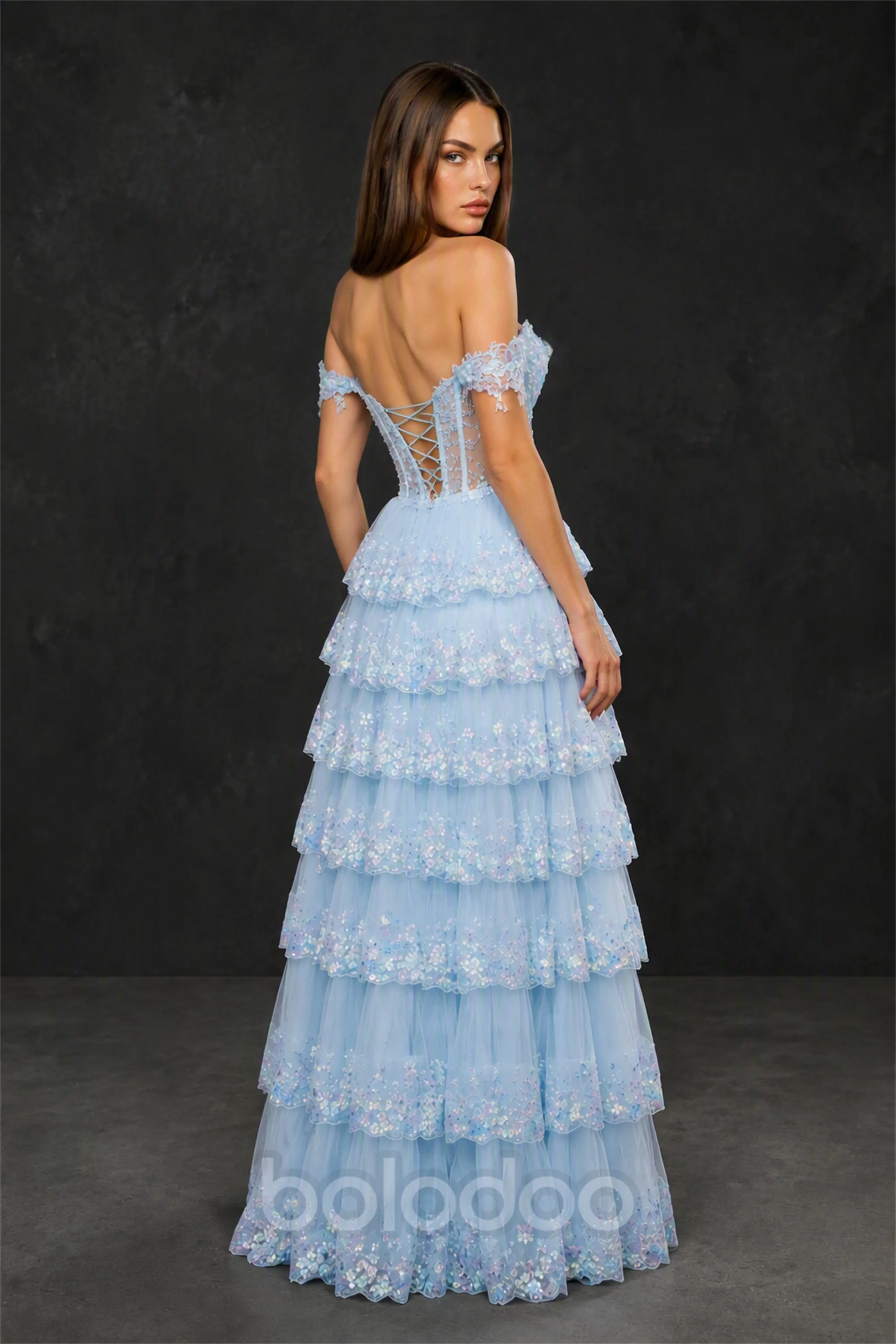BOLODOO Light Blue Off-Shoulder Sheer Corset 3D Floral Tiered Sequin Tulle Ball Gown | Prom & Formal Evening Dress