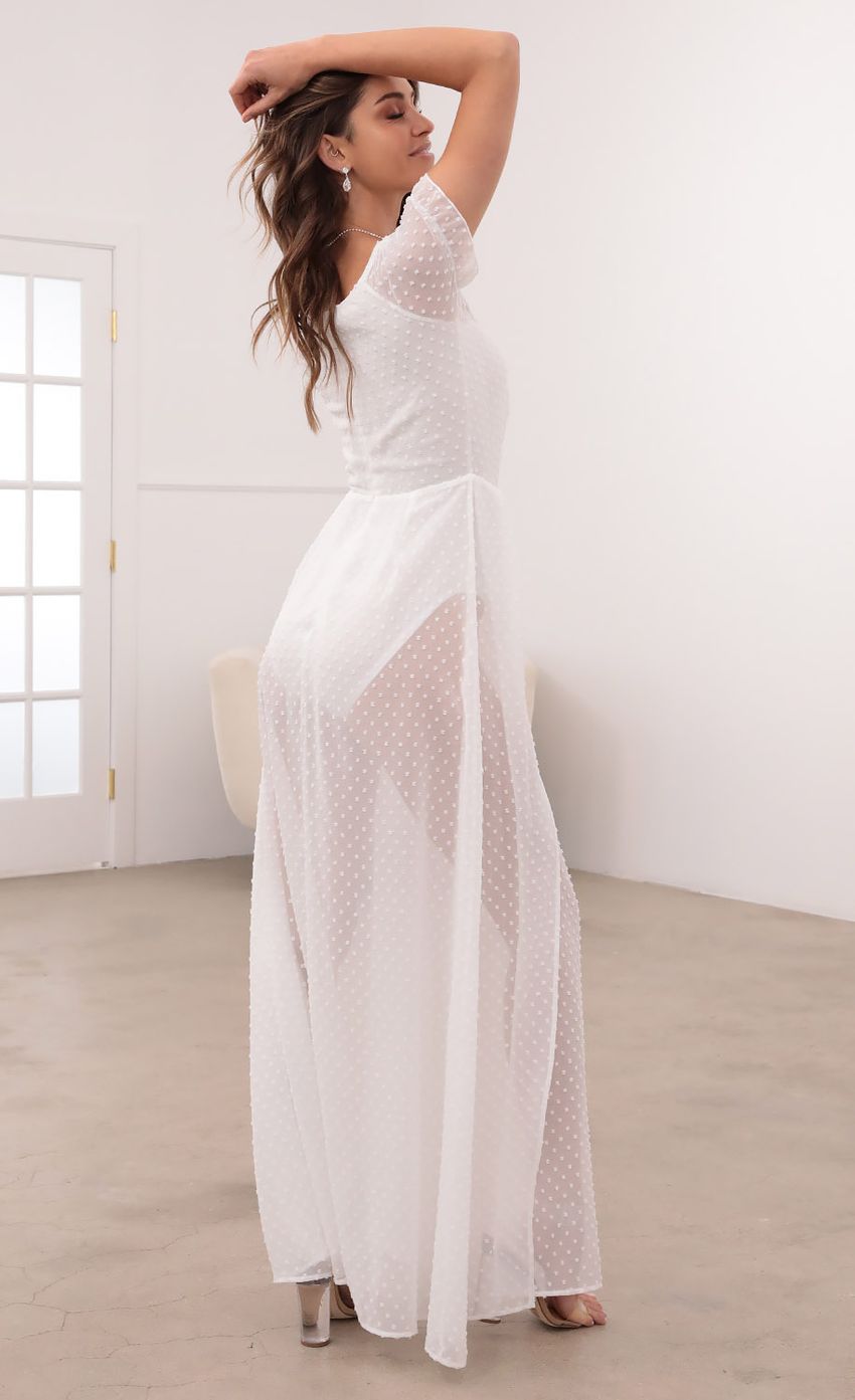Puff Sleeve Chiffon Maxi in White Dots
