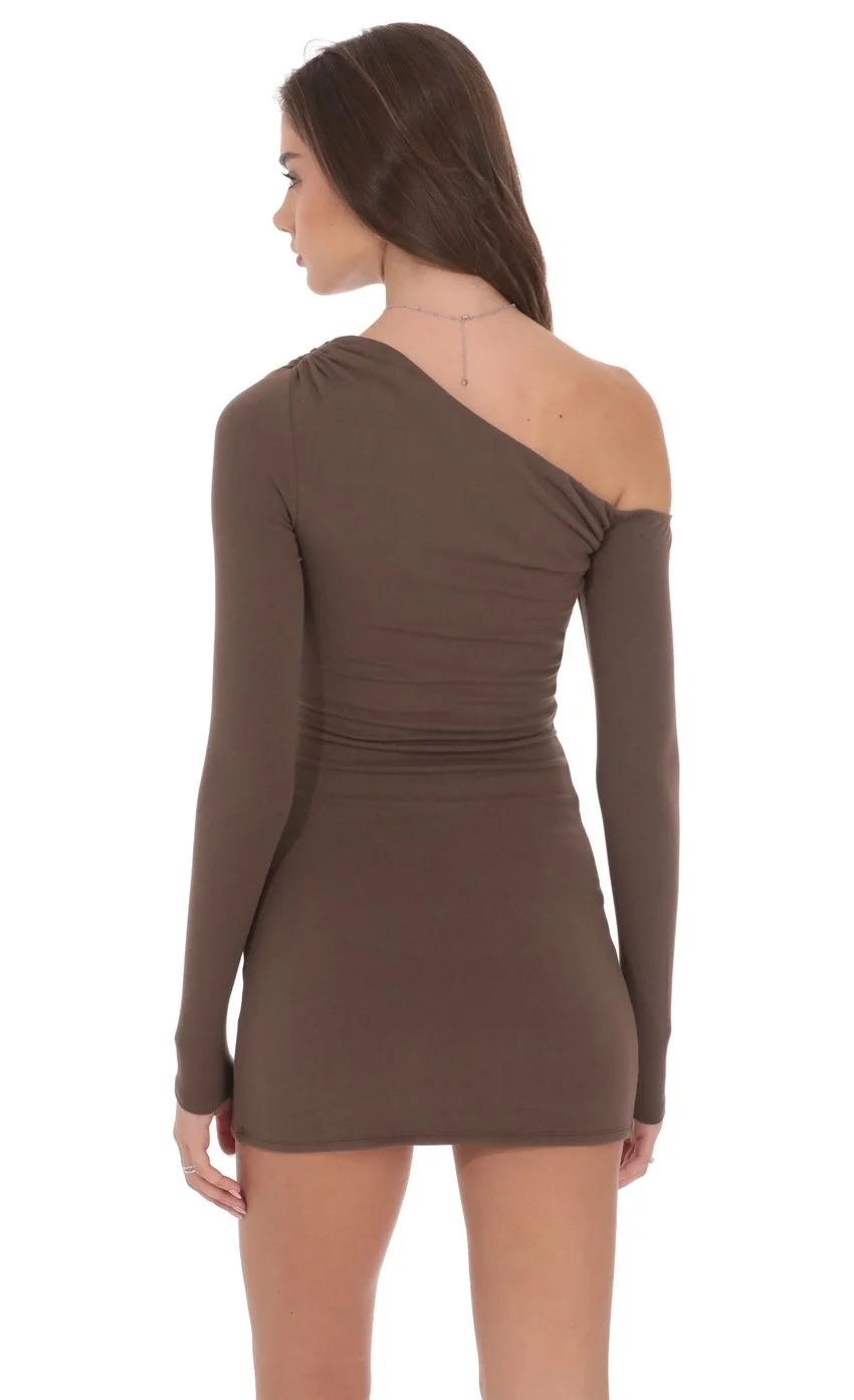 Off Shoulder Long Sleeve Dress in Taupe