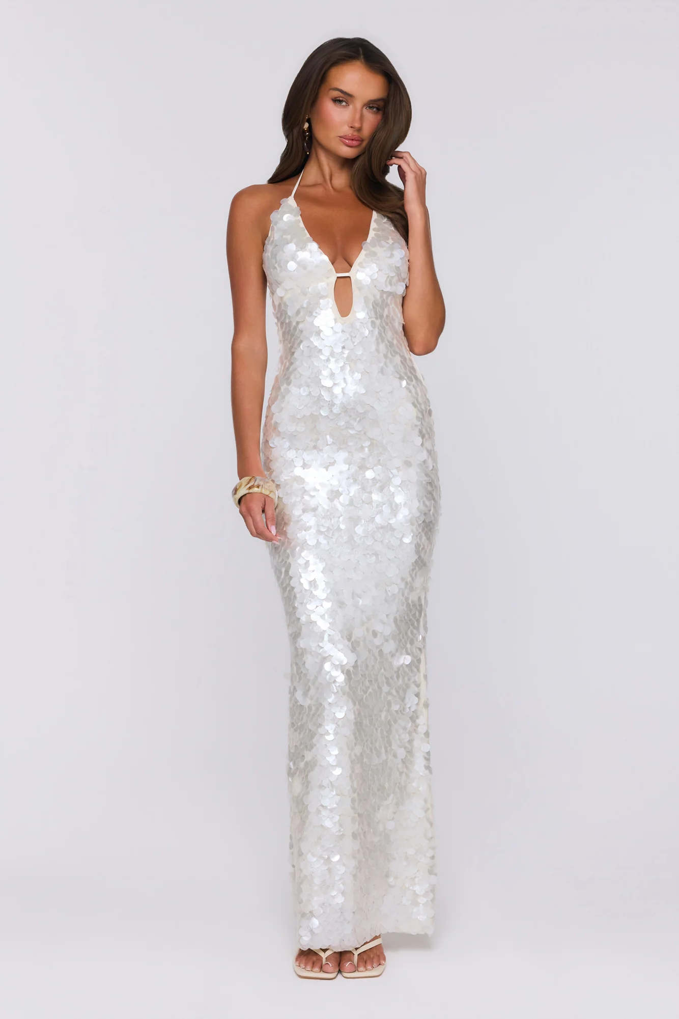 Sparkling Affair Sequin Halter Maxi Dress Ecru White