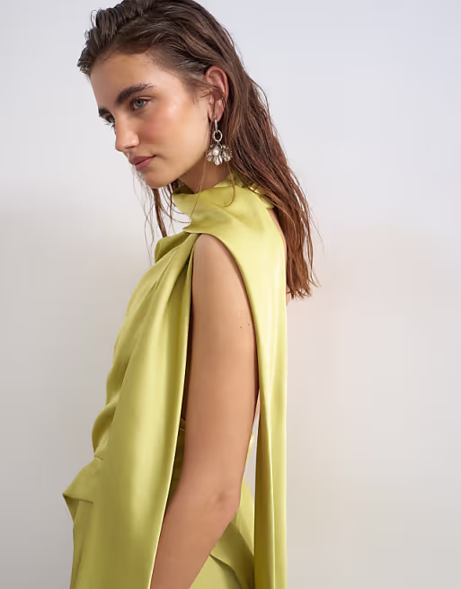 Topshop premium halter neck asymmetric satin mini dress with scarf detail in golden olive