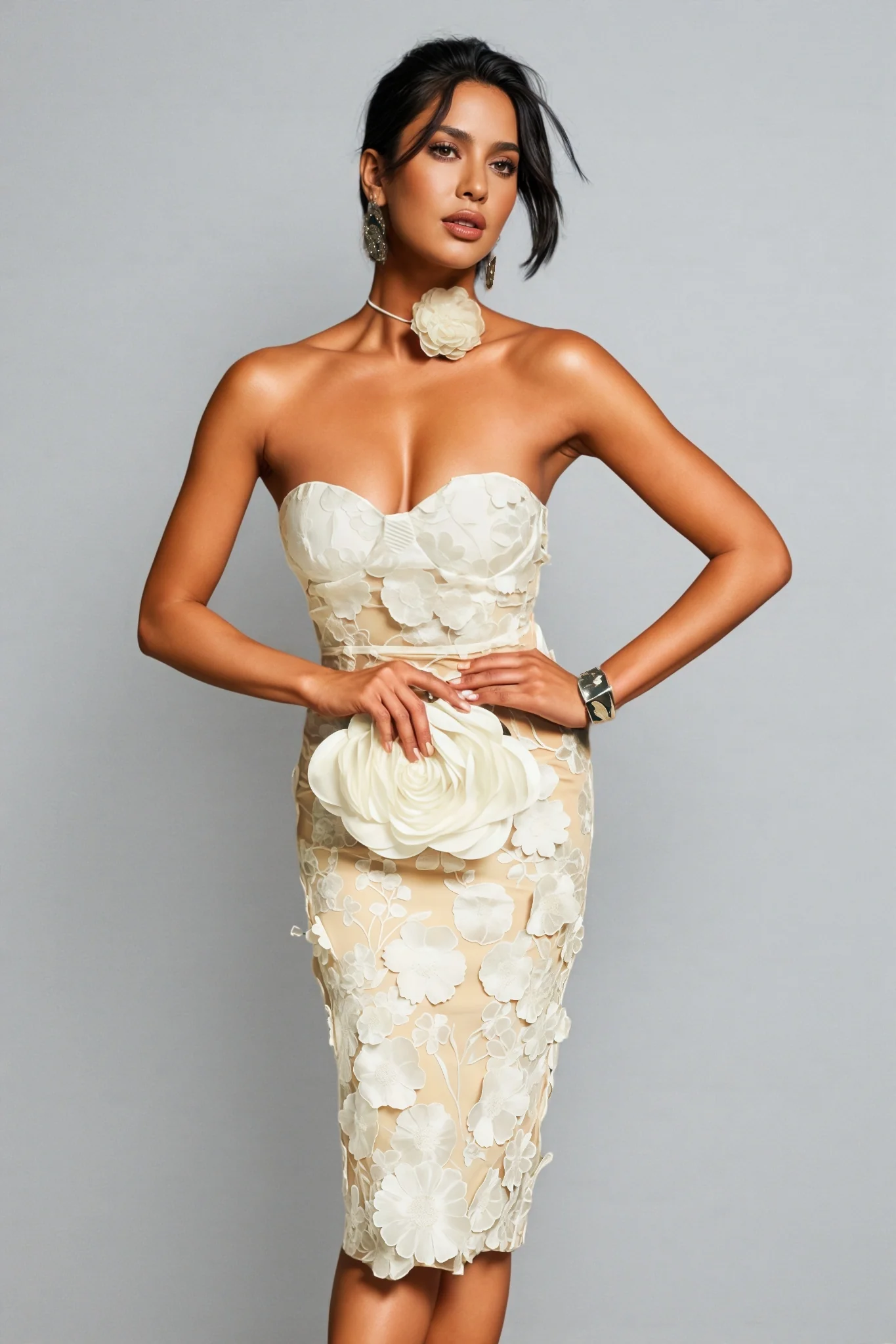 Lux Strapless Flower Embroidered Midi Dress