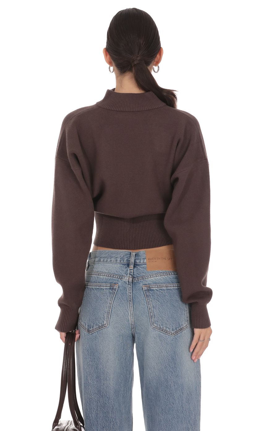Knit Mock Neck Zip-Up Cardigan in Brown