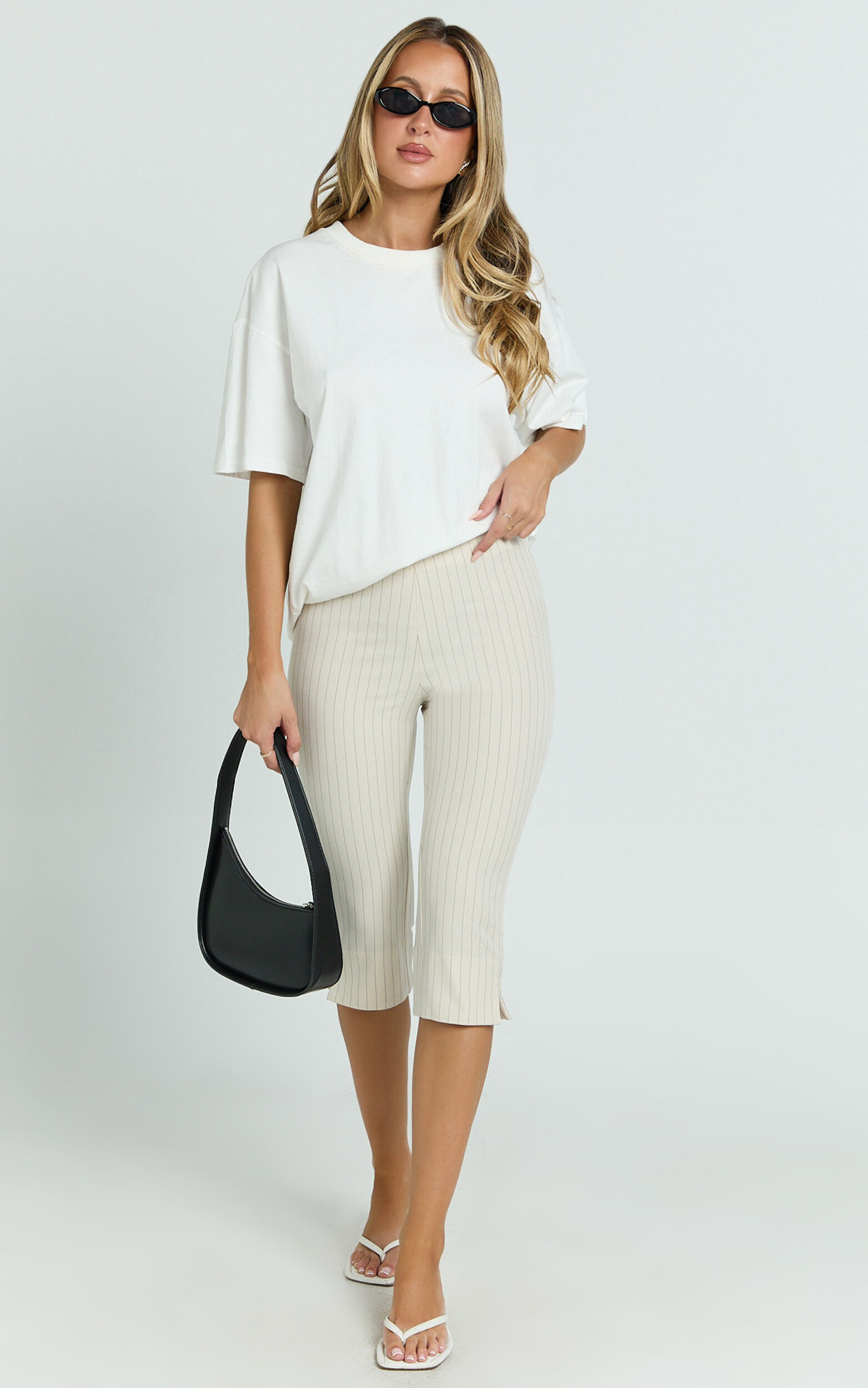Susannah Pants - Pinstripe Fitted Split Leg Capri Pants in Cream