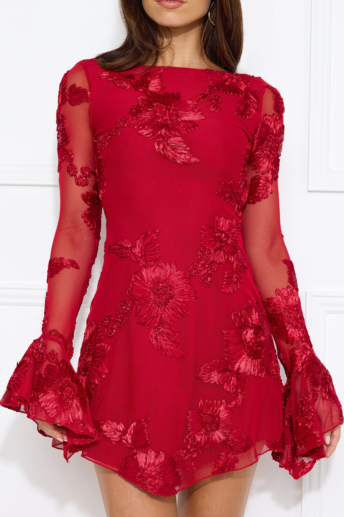 Bright Breezy Long Sleeve Mesh Mini Dress Red