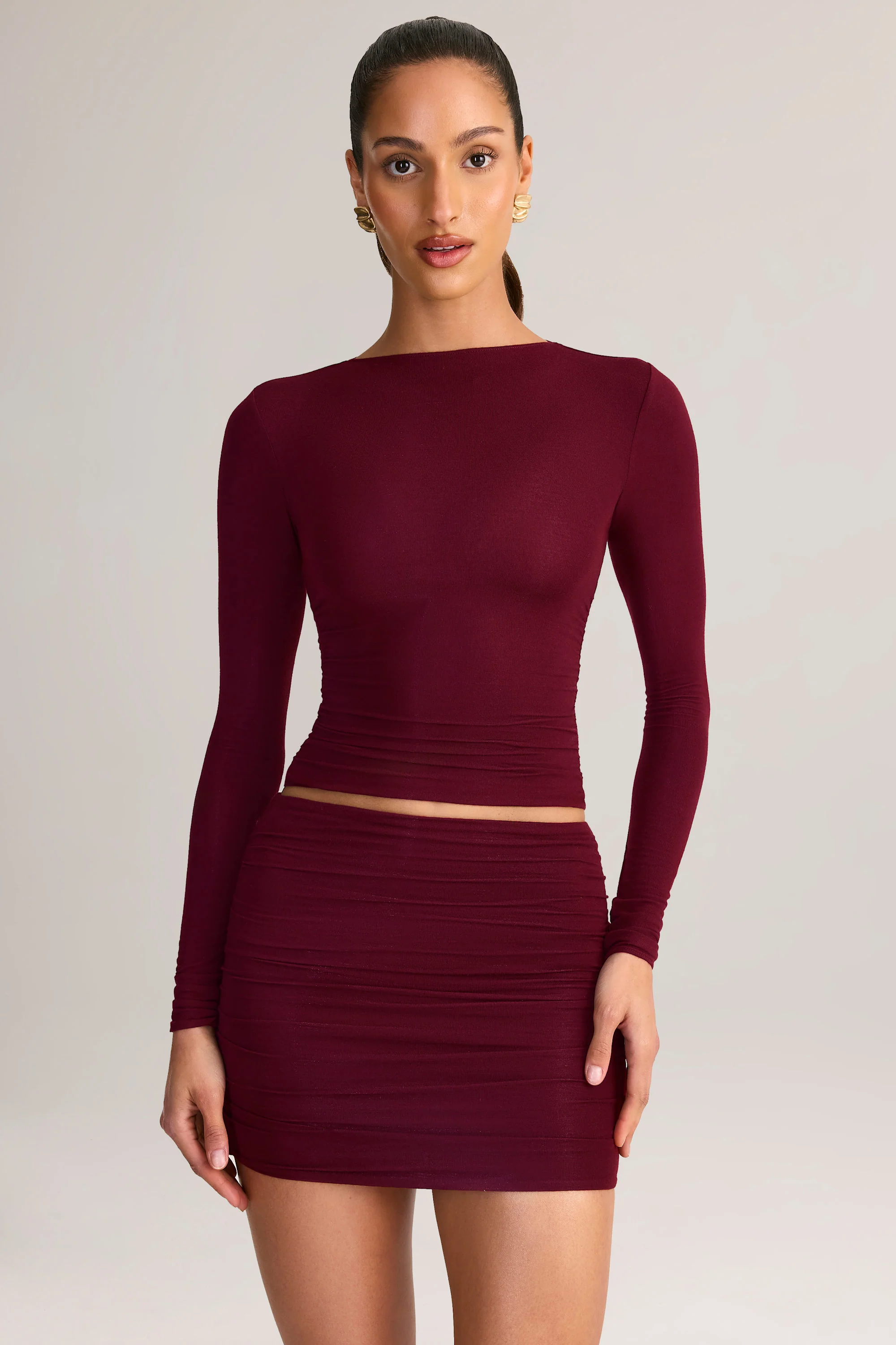 Modal Ruched Mid-Rise Mini Skirt in Wine Red