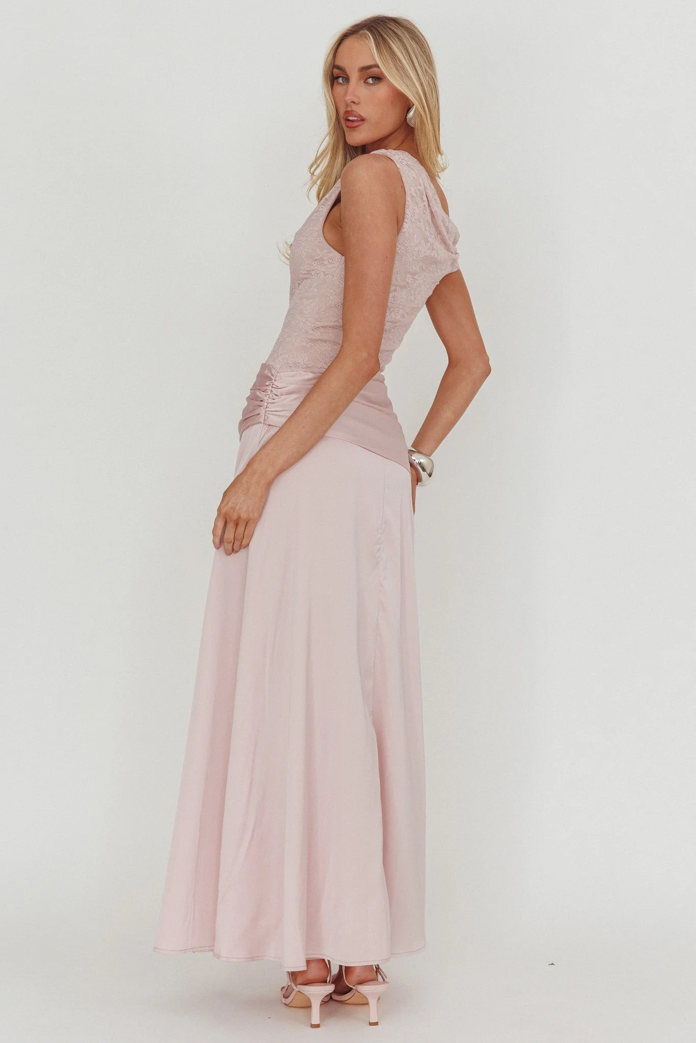 Diana Asymmetric Shoulder Pleat Waist Maxi Dress Blush - luluinthesky