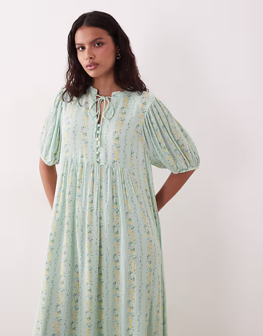 YAS Festival boho style puff sleeve maxi dress with button front detail in soft green floral stripes