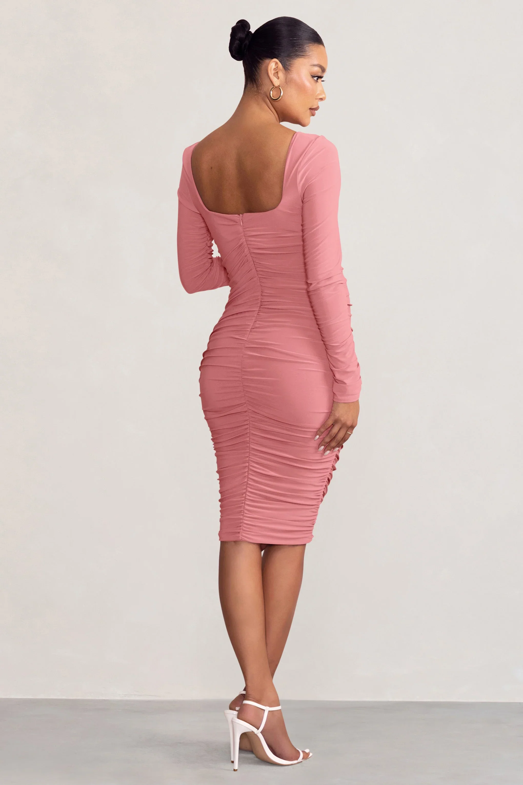 New Life | Pink Maternity Square Neck Ruched Midi Dress