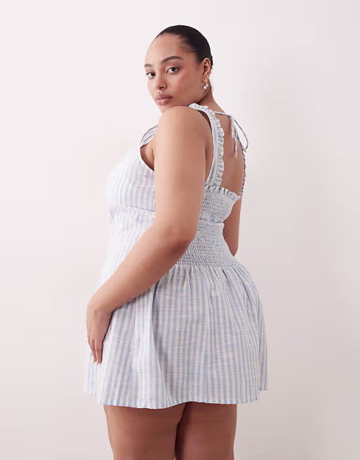 Esmée Curve beach mini dress with ruffle trim in blue & white stripes