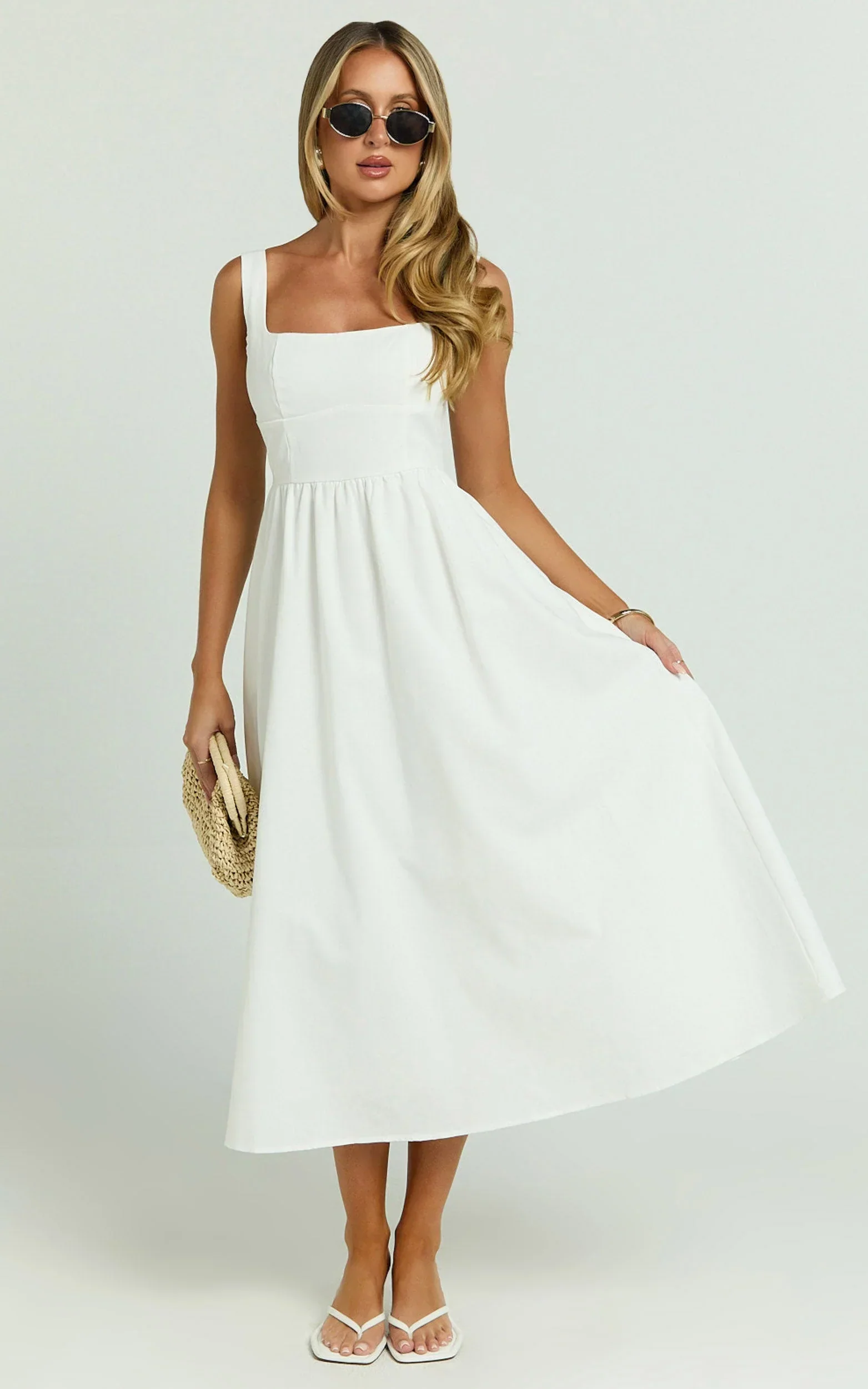 Khari Midi Dress - Linen Look Square A Line Dress in White - luluinthesky