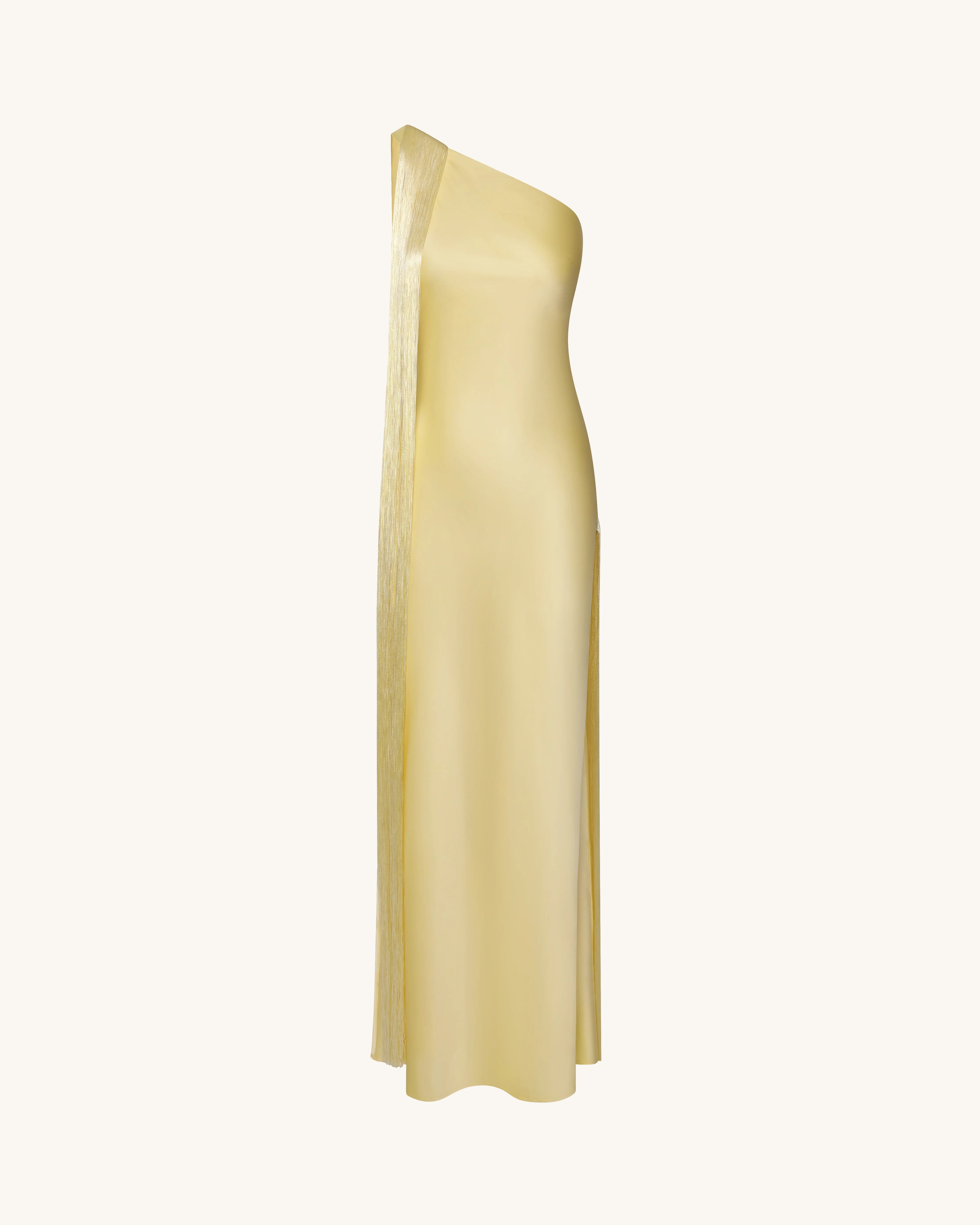 Fringe One Shoulder Maxi Dress - Champagne - FASHION NOB