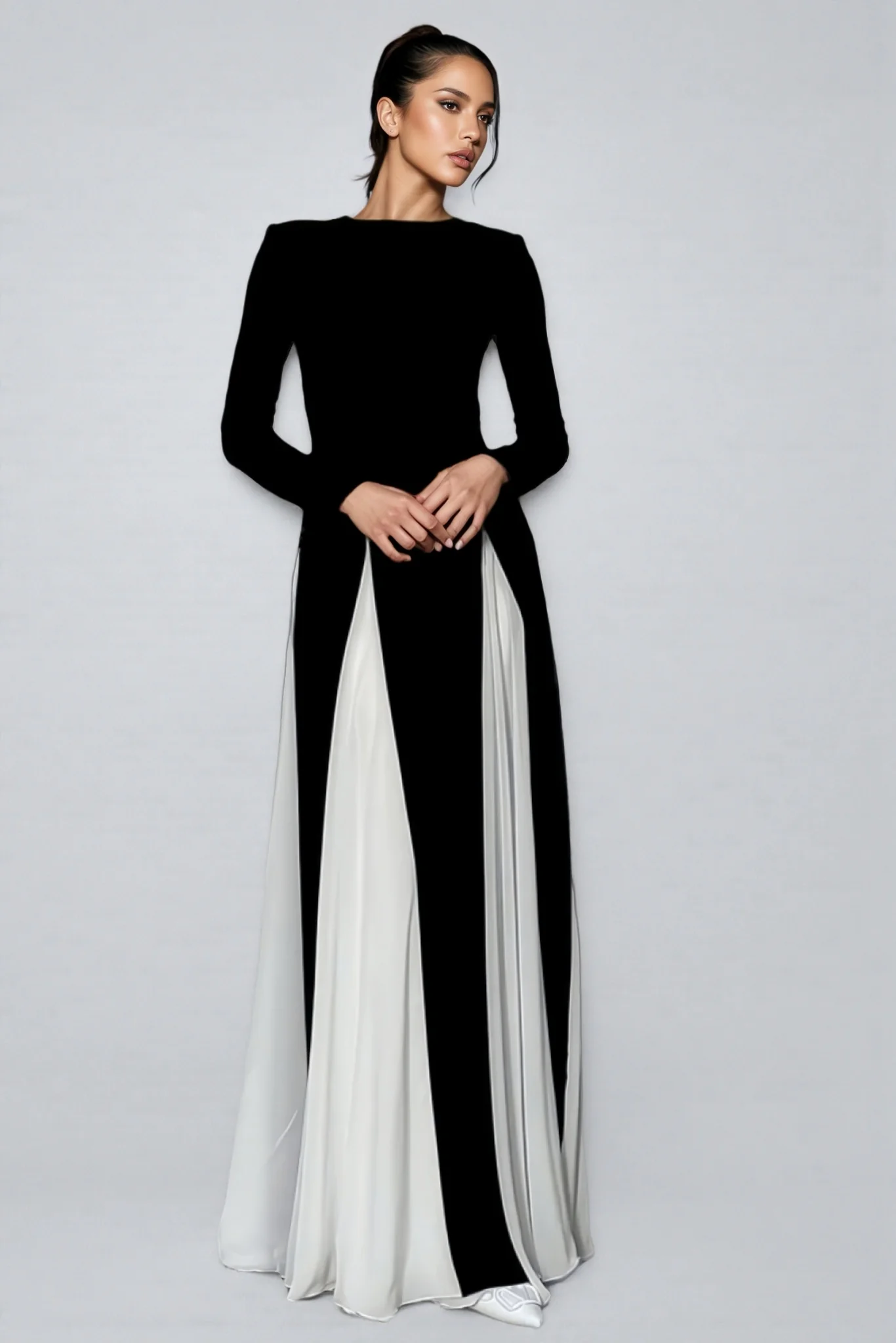 Liwy Black And White Clashing Long Sleeve Maxi Dress