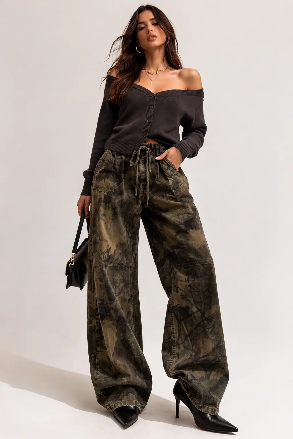 Off-The-Shoulder Cropped Button-Front Sweater
