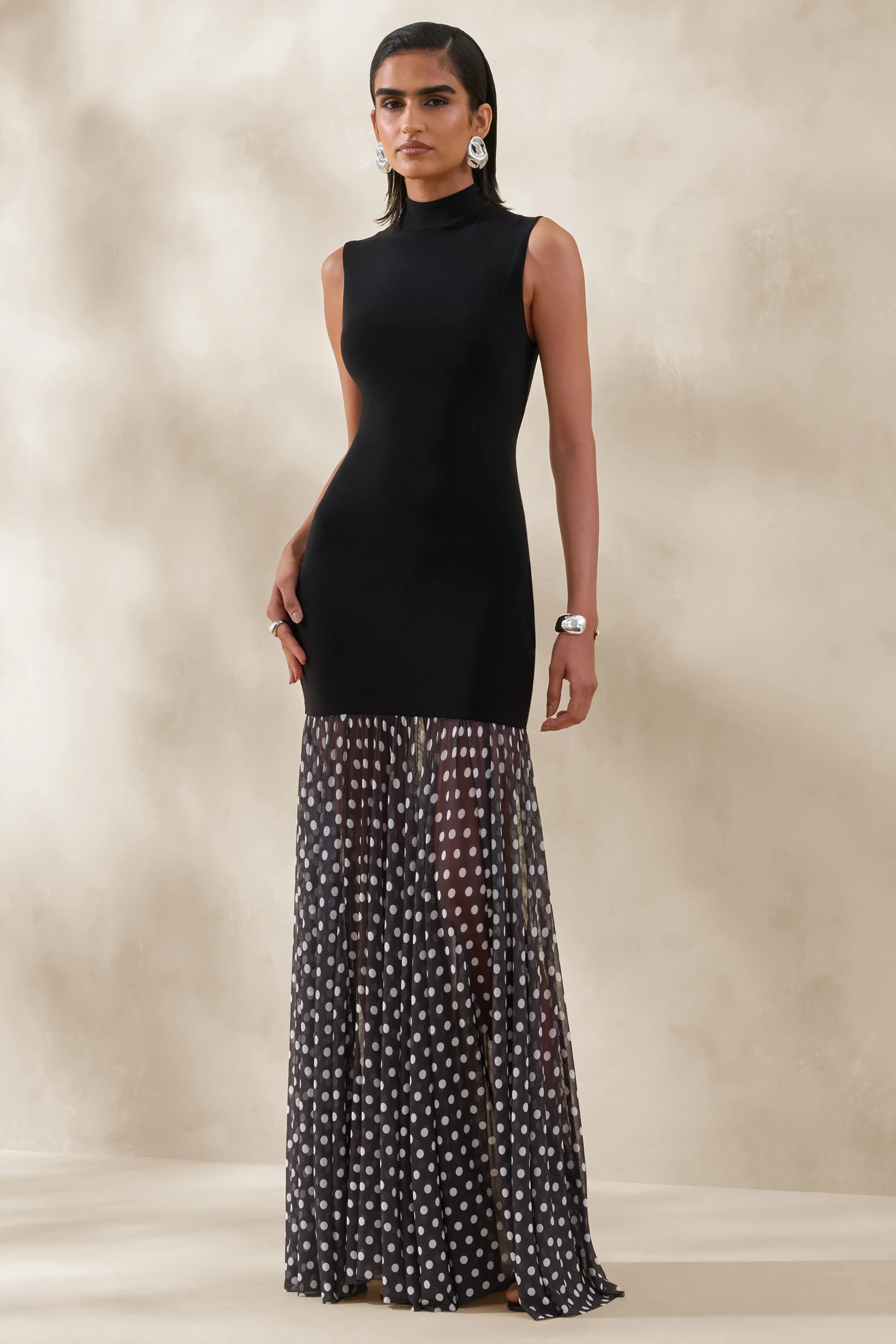 Felina | Black High-Neck Maxi Dress With Sheer-Skirt
