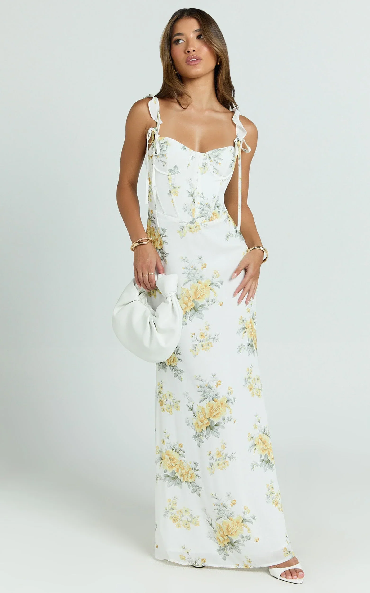 Mabel Maxi Dress - Georgette Frill Sleeve Sweetheart Bias Cut Dress in Antique Florals