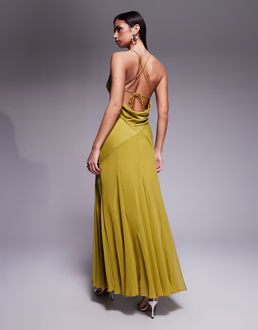 bias cut plunge bodice maxi dress with godets in olive