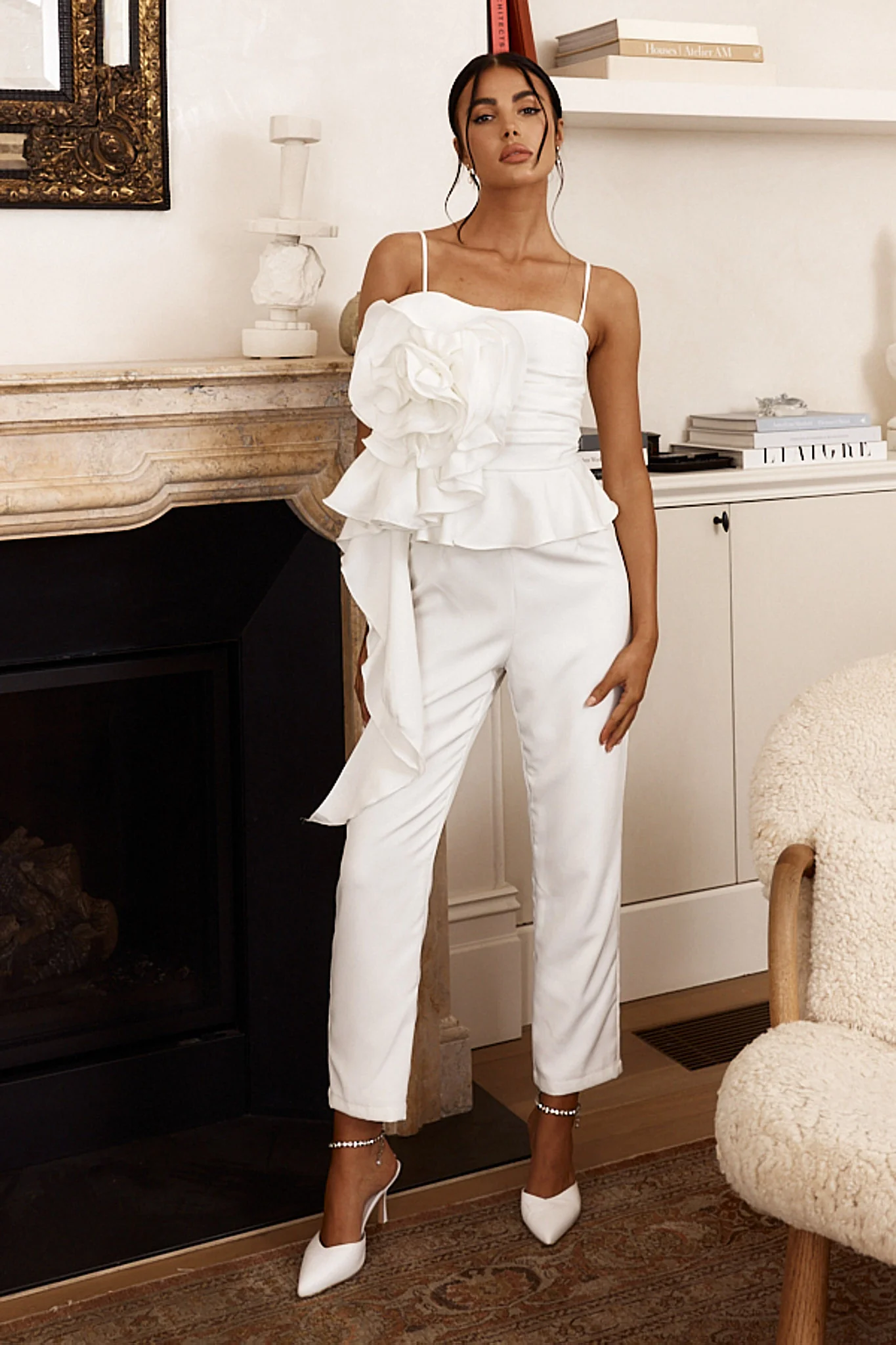 Fallon Ruffle Rose Cami Jumpsuit White