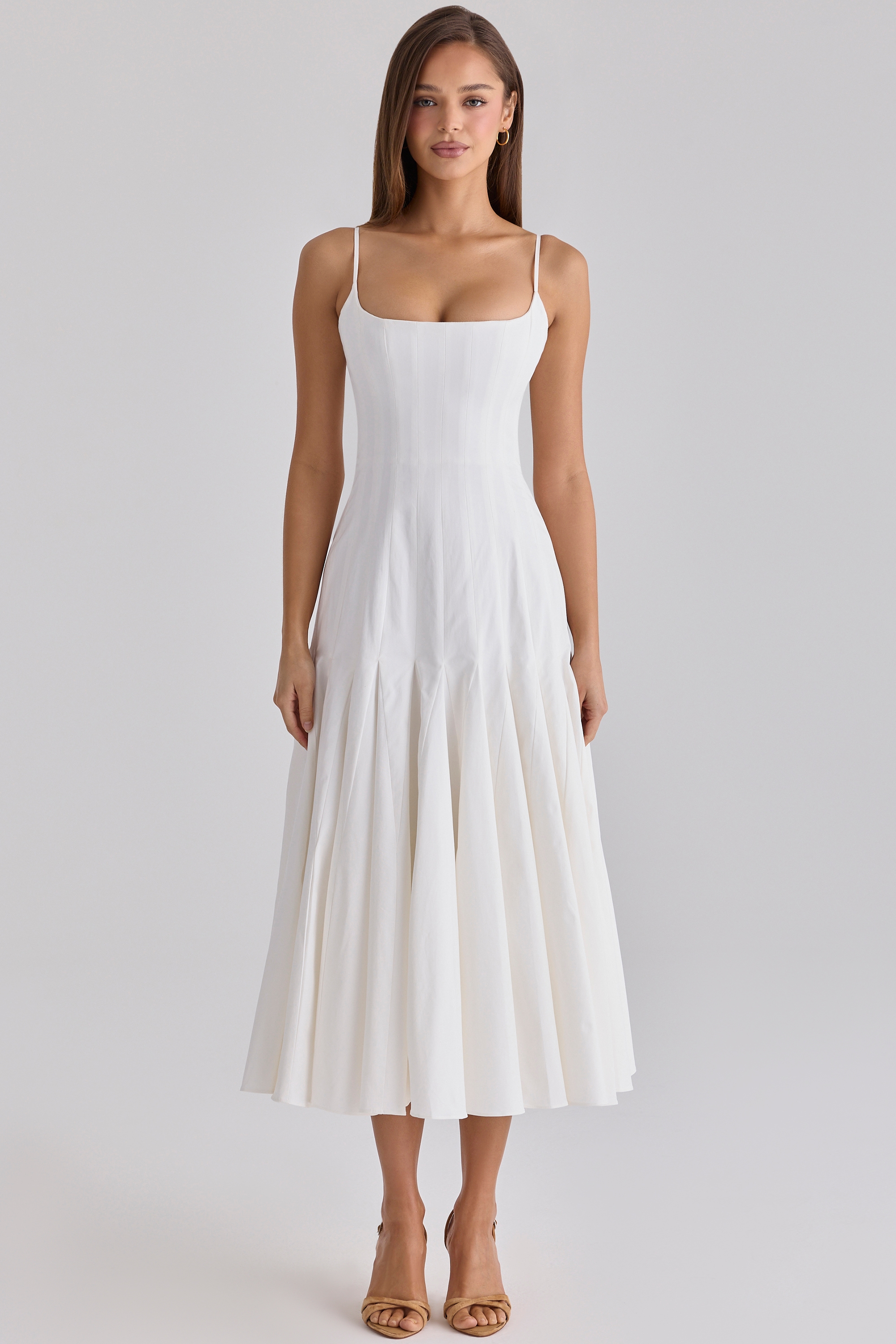 white pleated cotton godet midi dress