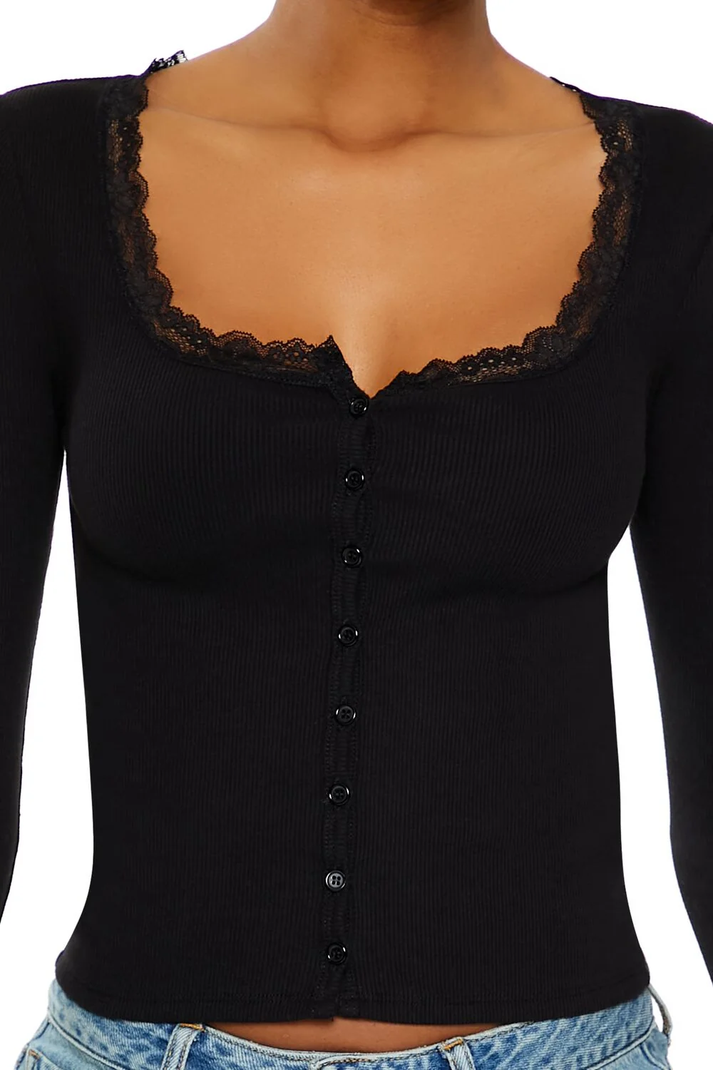 Ribbed Lace-Trim Top