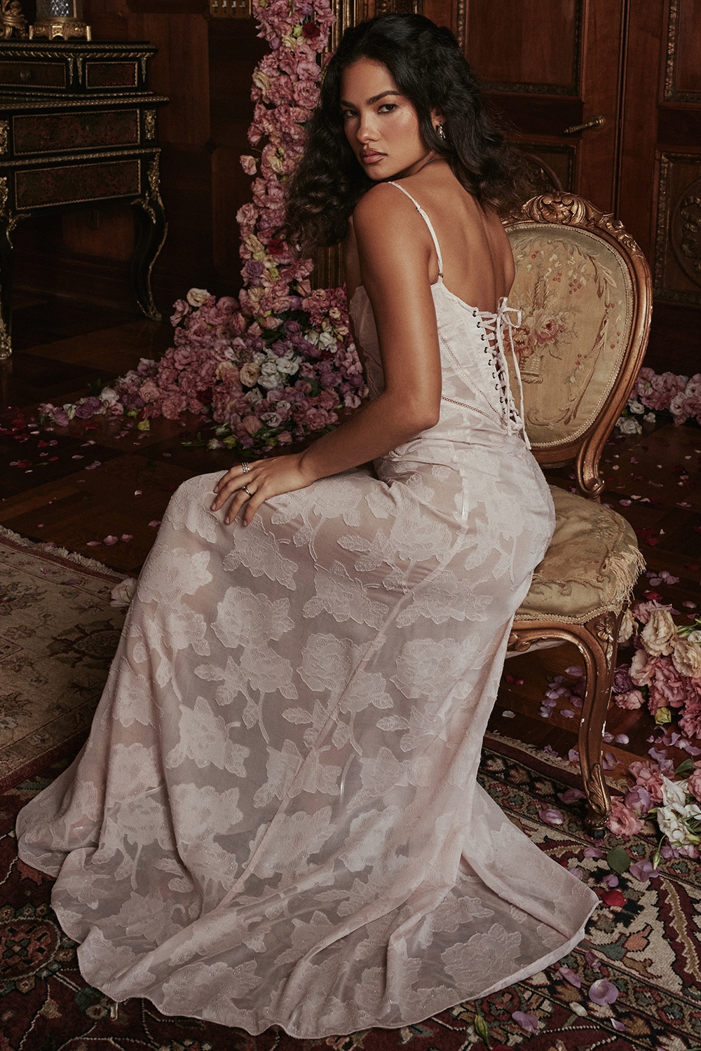 soft pink floral lace back maxi dress