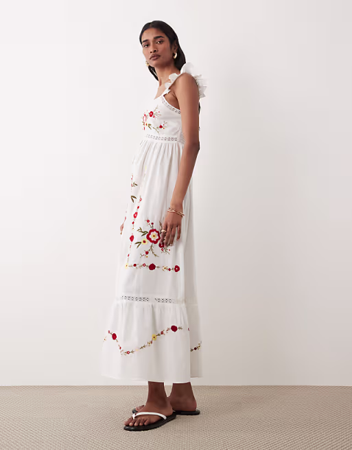Miss Selfridge lace insert embroidered maxi dress in white