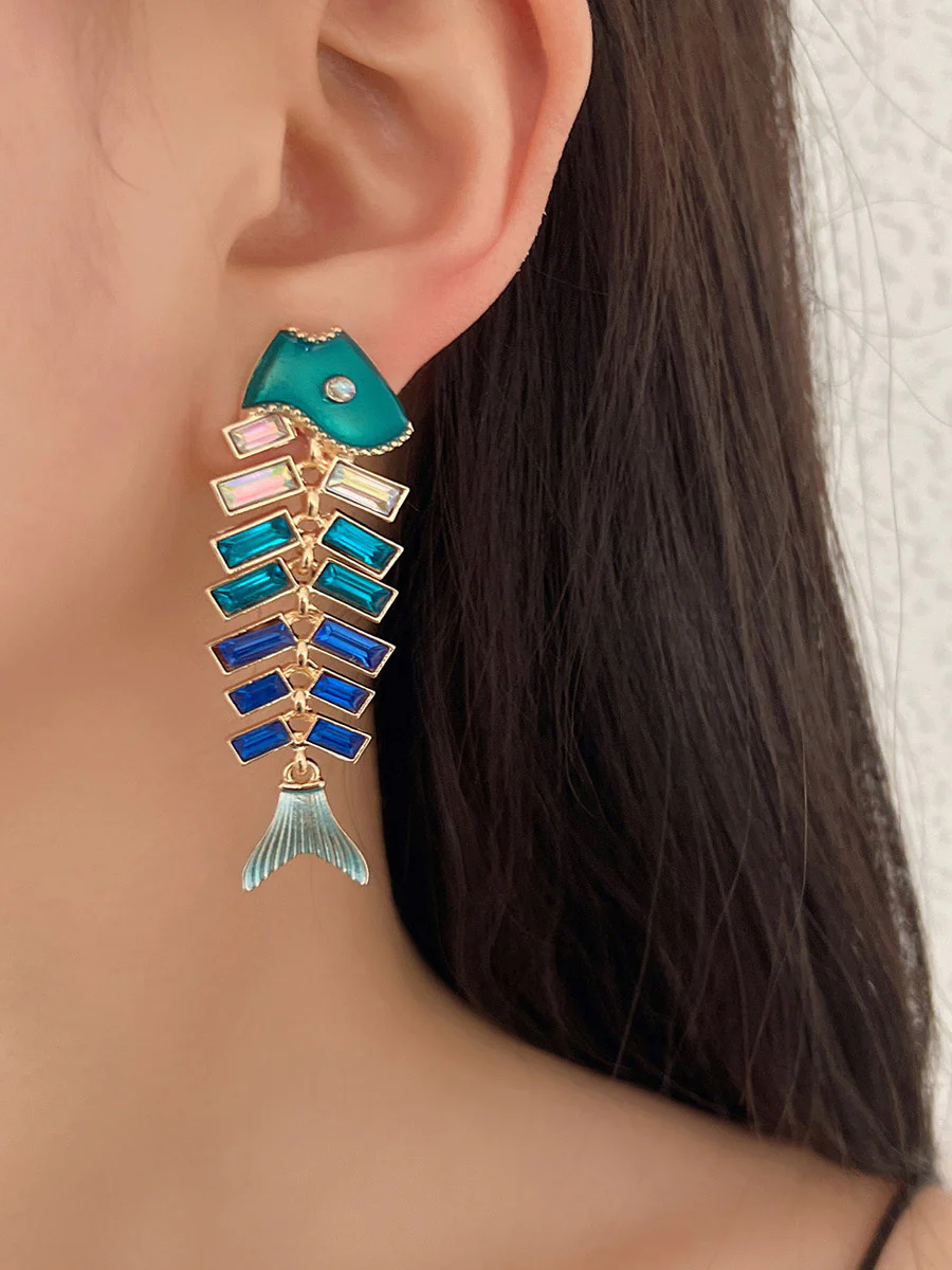 Fish Bones Rhine Stones Shiny Earrings Accessories
