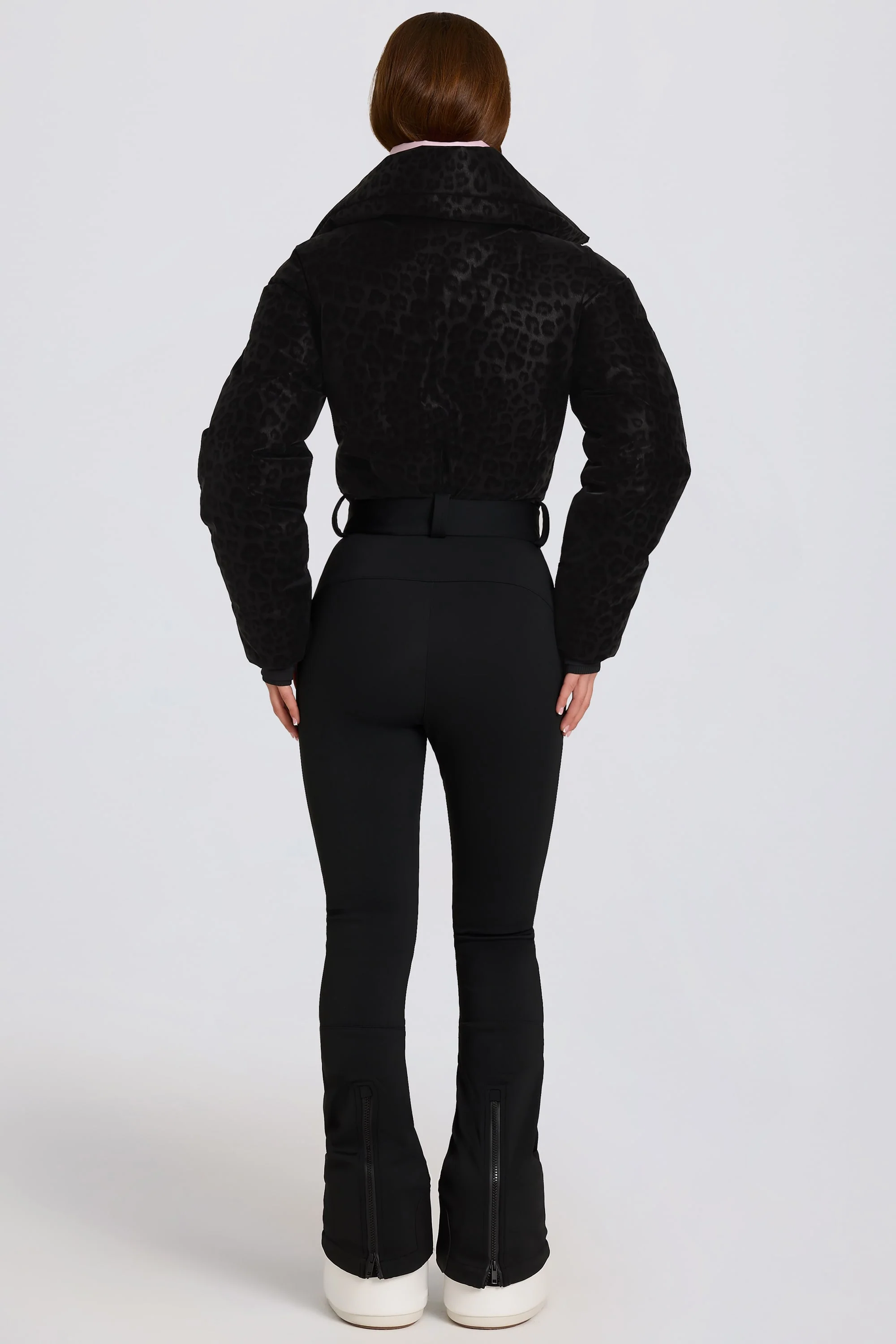 Waterproof Belted Layered Ski Suit in Black Leopard