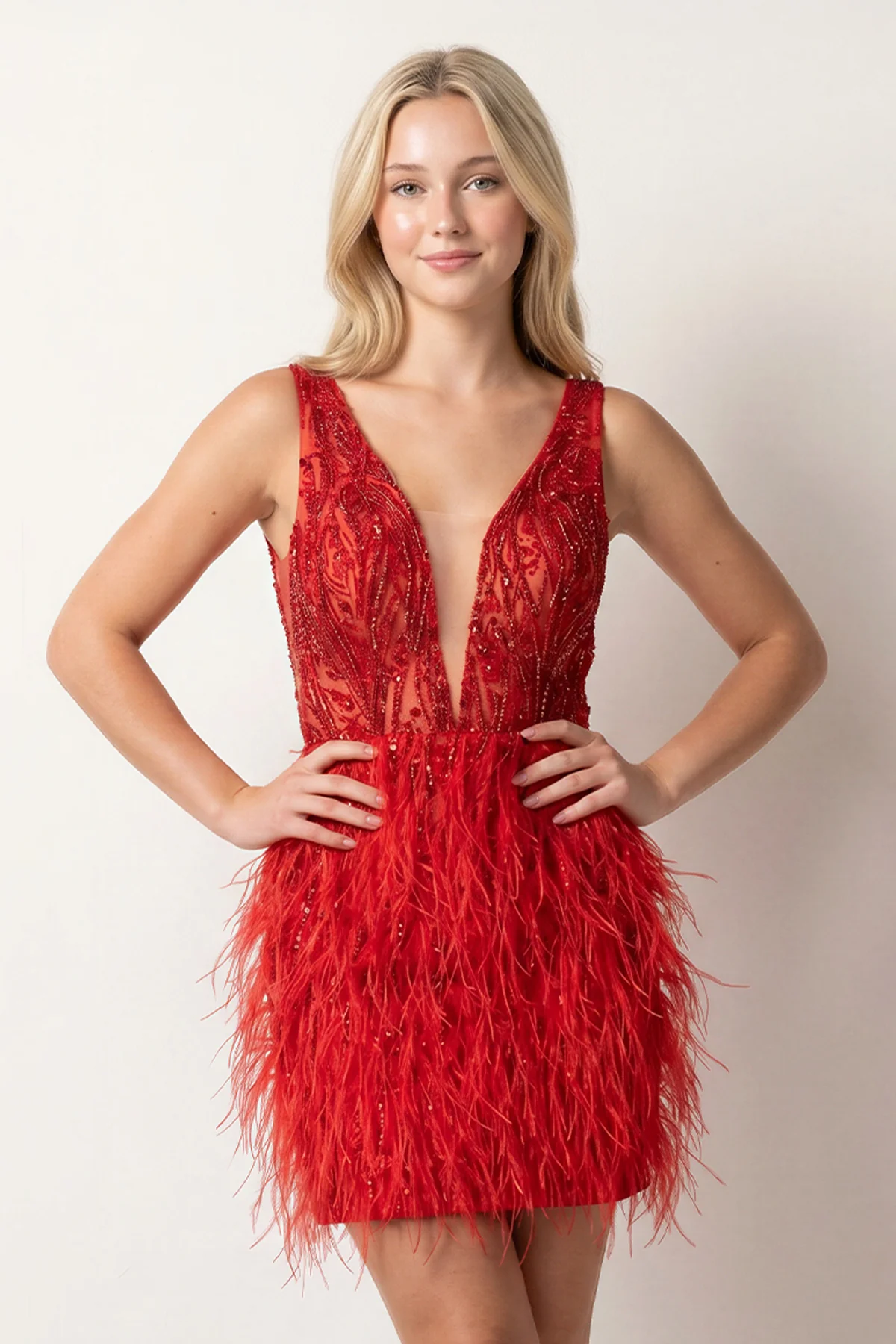 Red Plunge Feathers Sheath Homecoming Dress With Beading