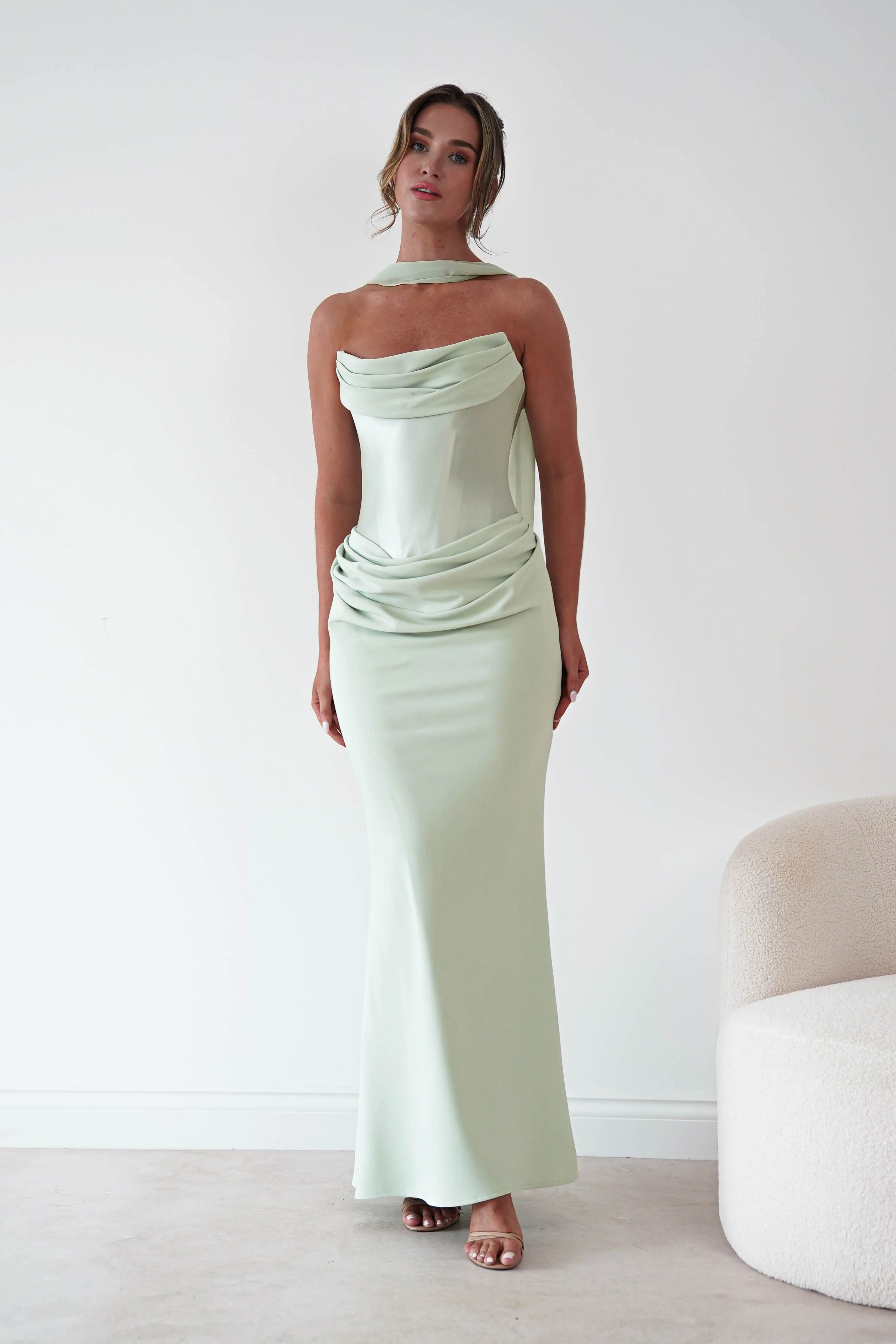 Kailani Strapless Ruched Maxi Dress | Sage