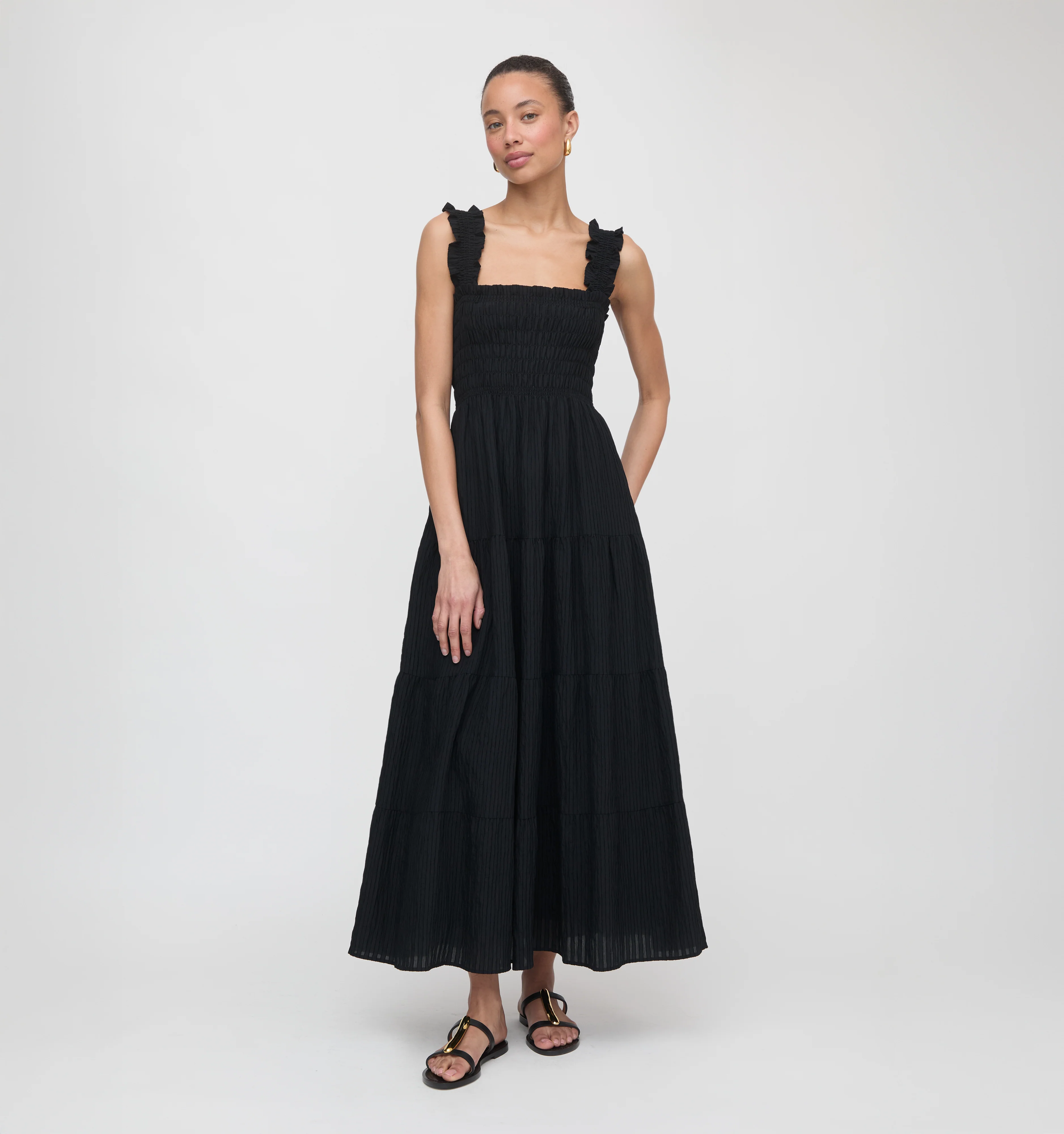 The Kimmy Maxi Nap Dress - Black Tonal Seersucker