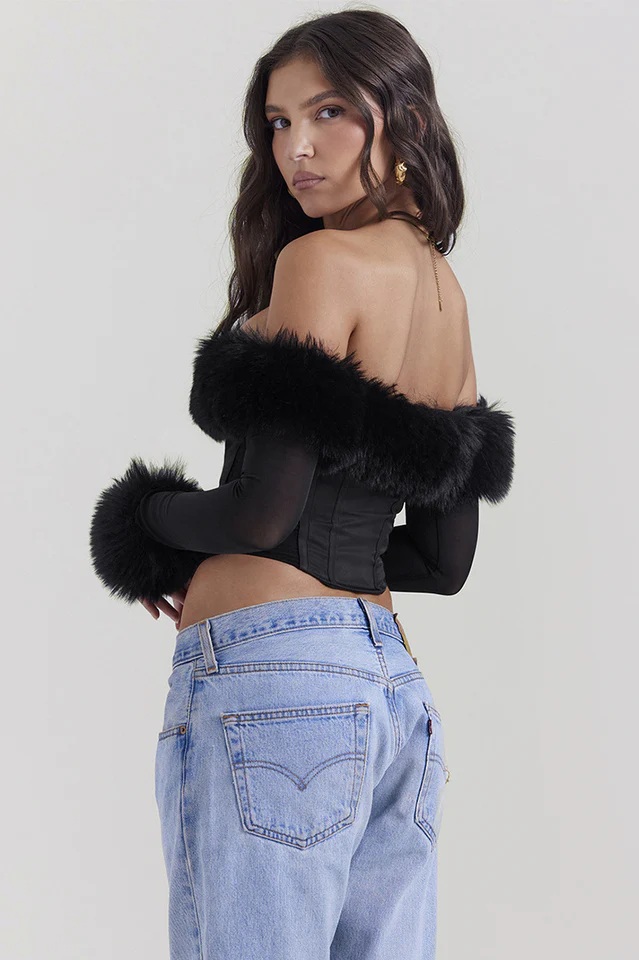 Black Faux Fur Trimmed Bustier