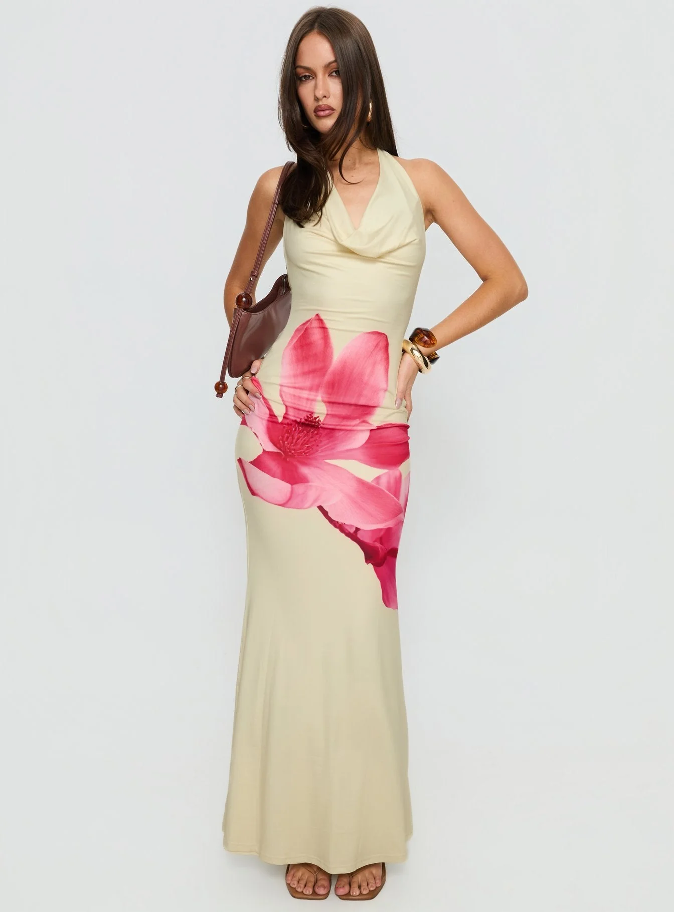 Raleina Halter Cowl Neck Maxi Dress Lemon Floral