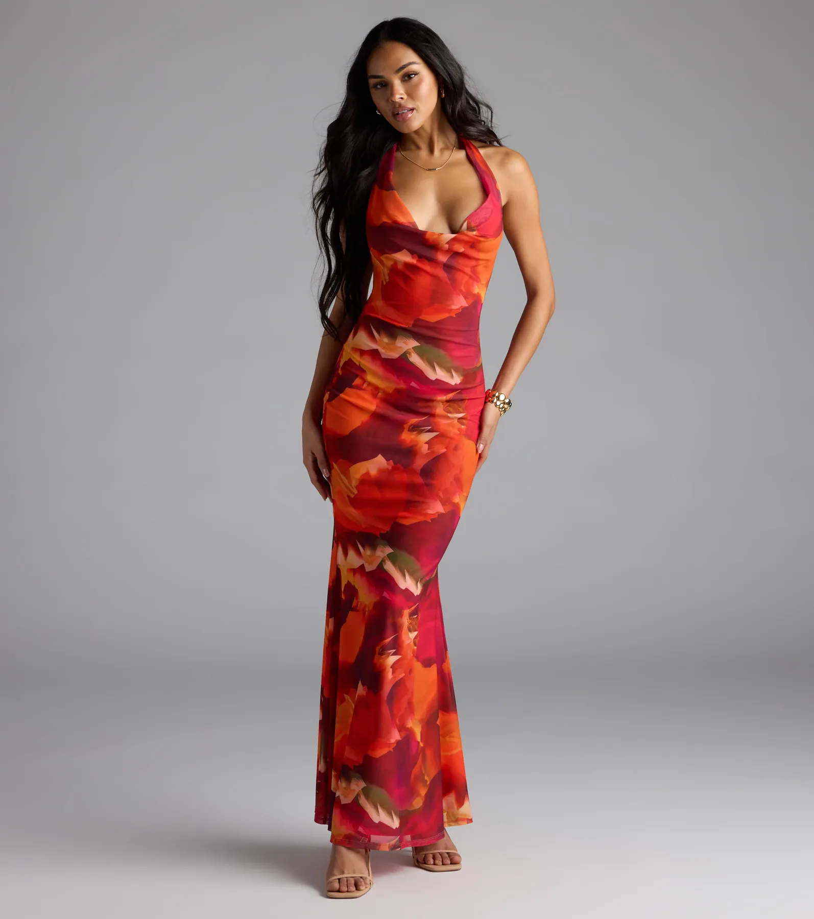 Island Style Tropical Halter Mesh Maxi Dress