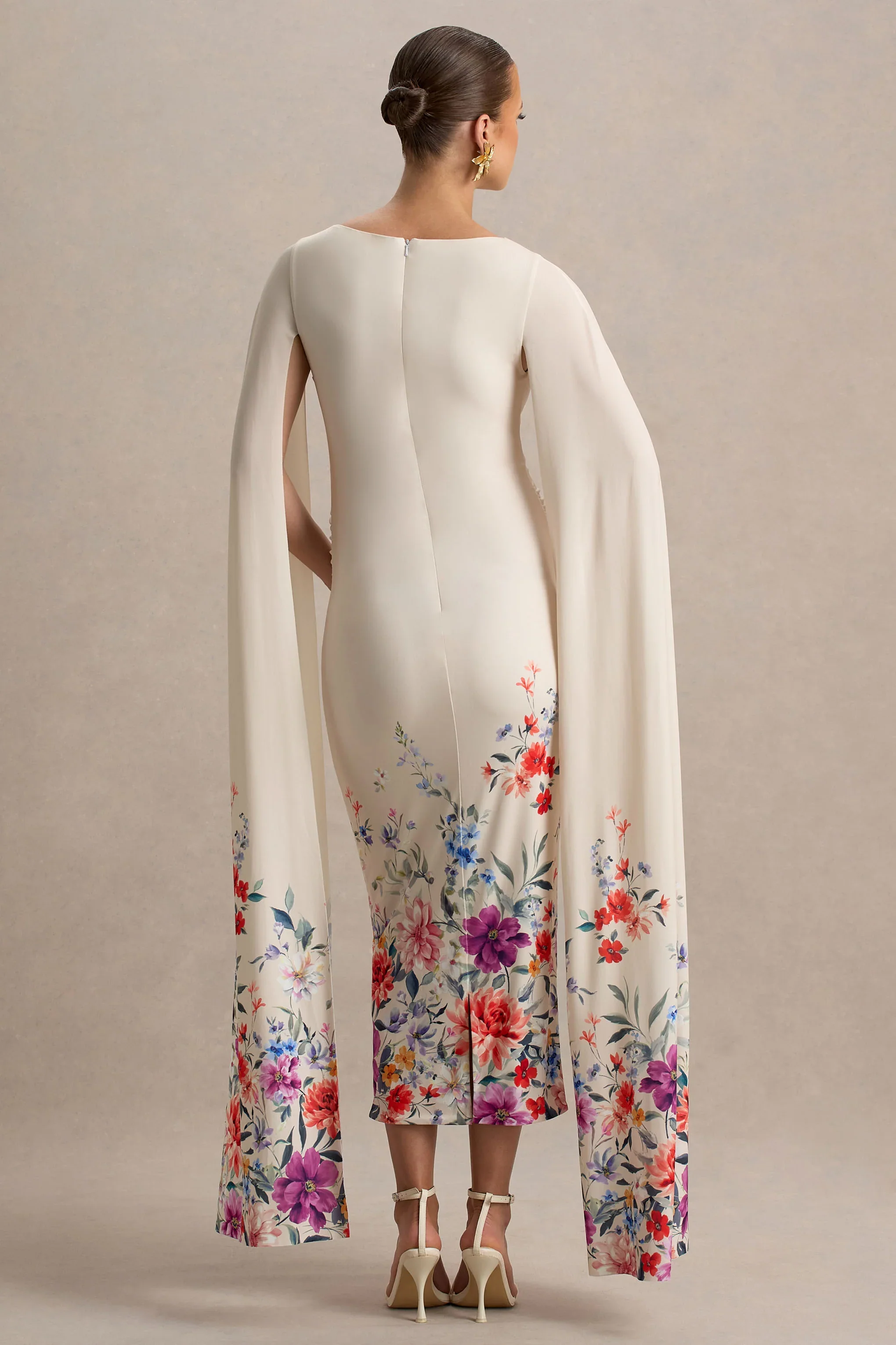 Providence | Light Pink Floral Print Boat-Neck Maternity Midi Dress With Cape Sleeves