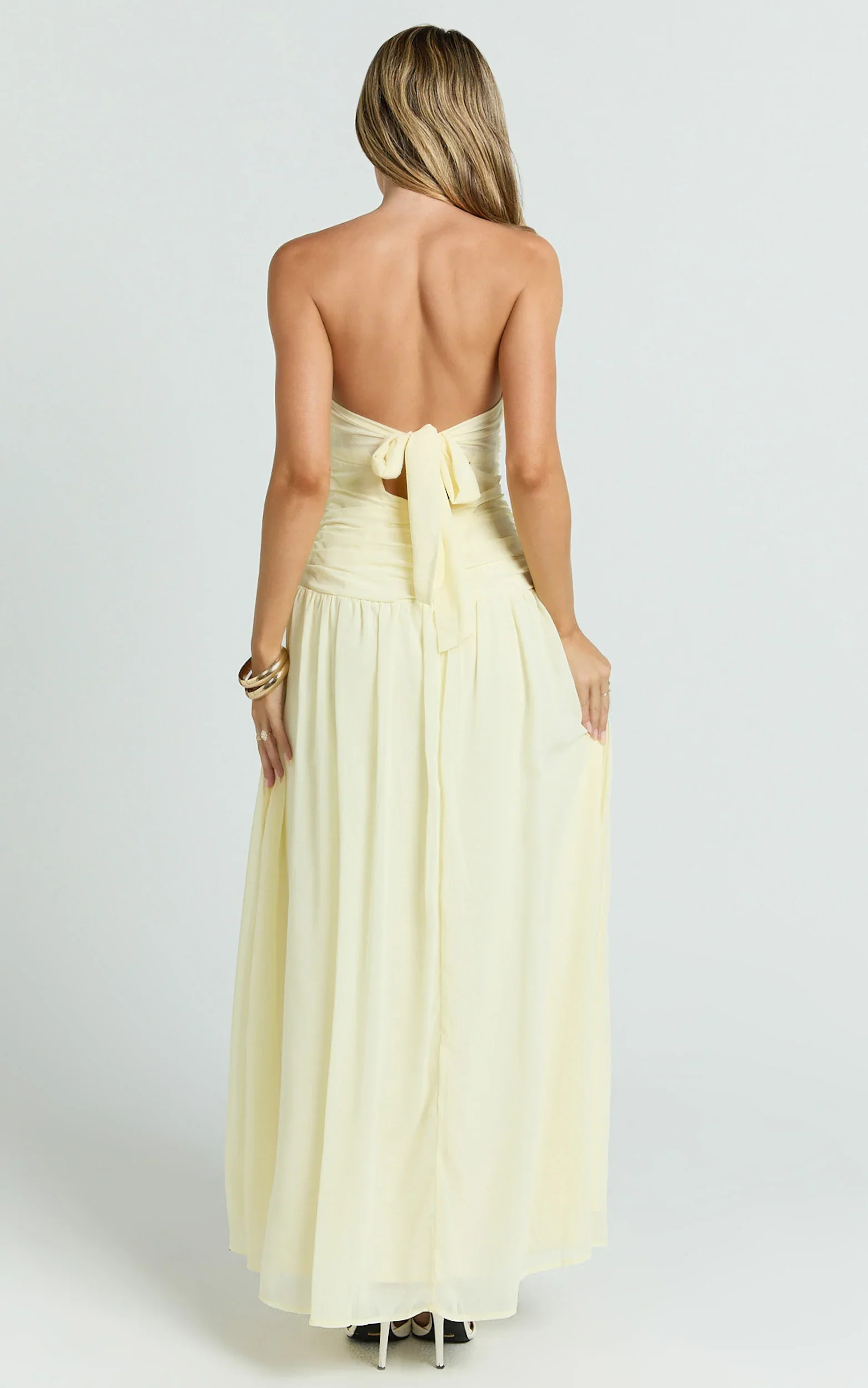 Mercy Midi Dress - Ruched Strapless Dress in Butter