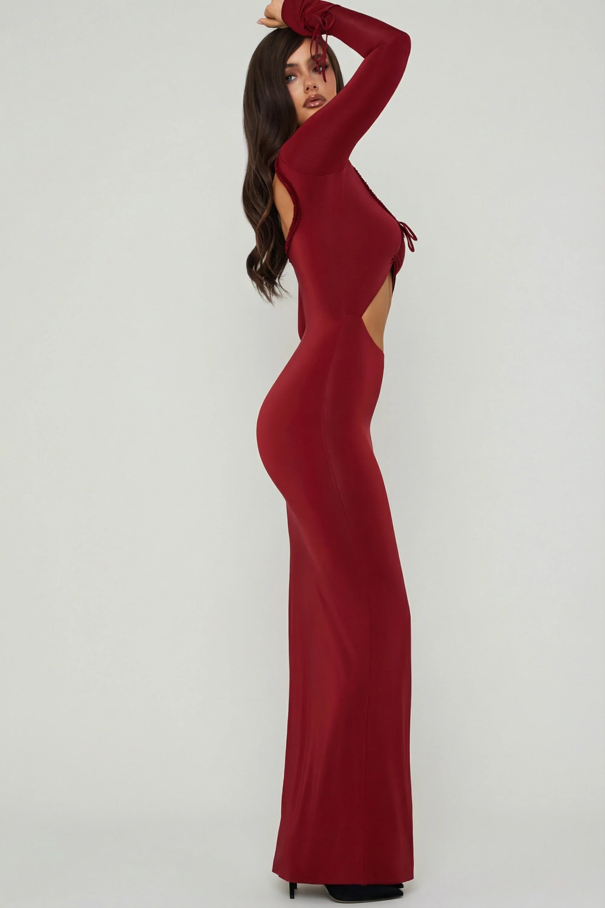Ruffle-Trim Cut-Out Maxi Dress in Berry Red
